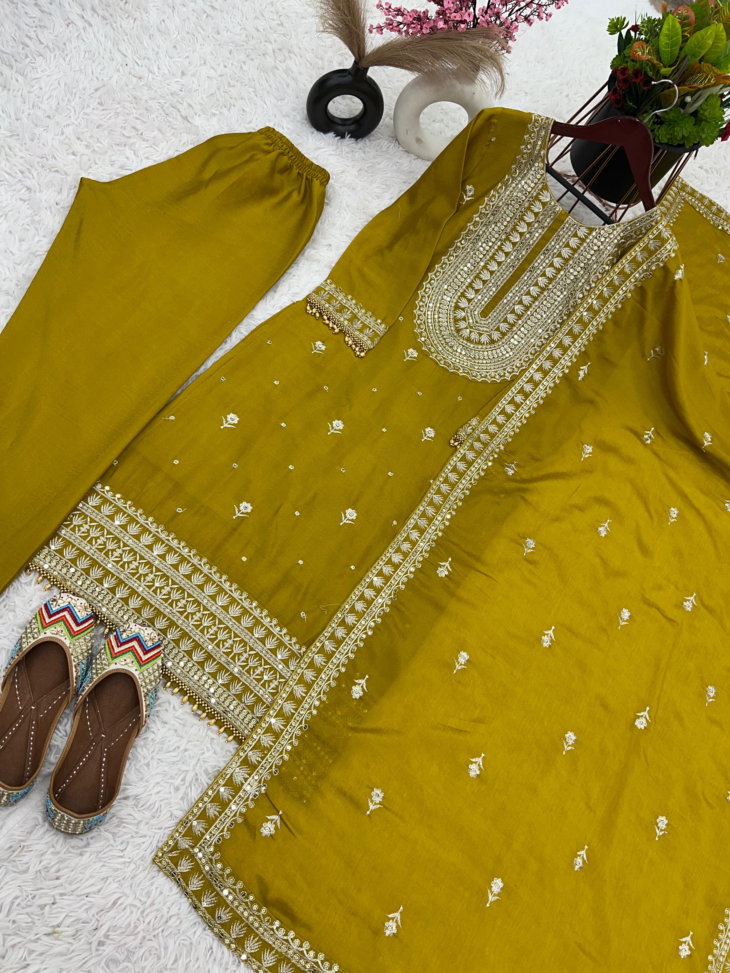 Haldi Special Mustard Color Chinnon Silk Embroidery Salwar Suit