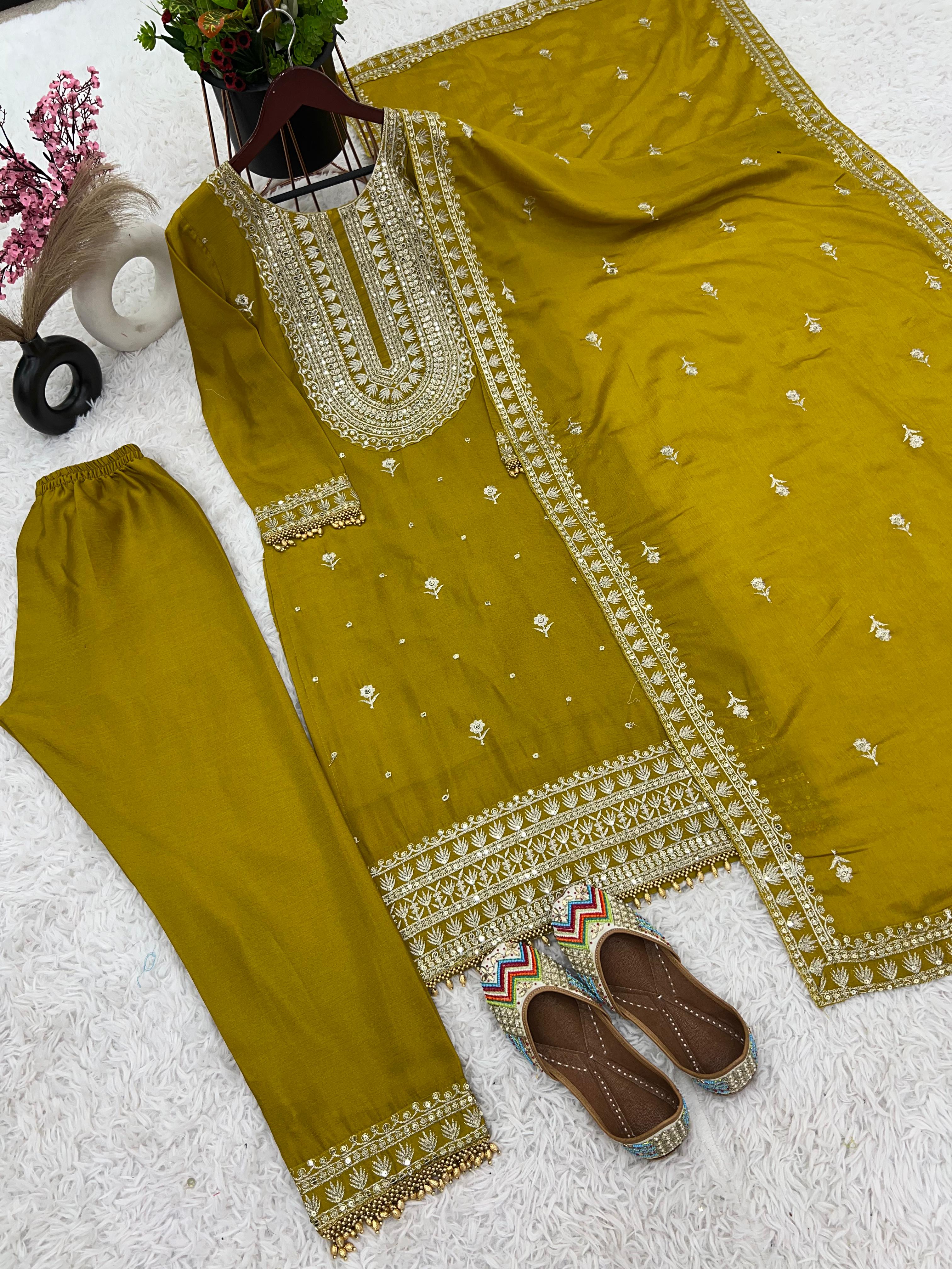 Haldi Special Mustard Color Chinnon Silk Embroidery Salwar Suit