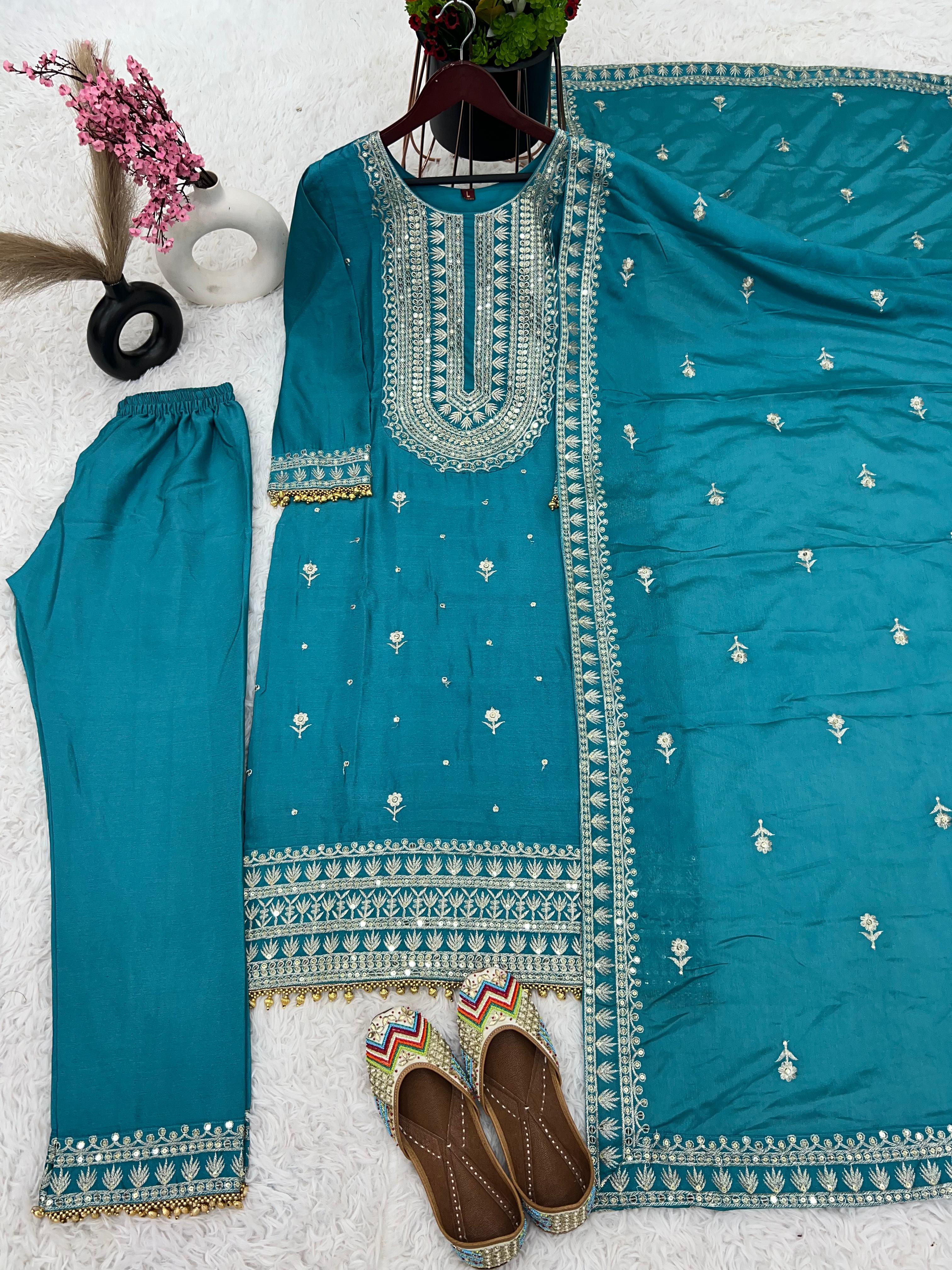 Ceremony Wear Blue Color Chinnon Silk Embroidery Salwar Suit