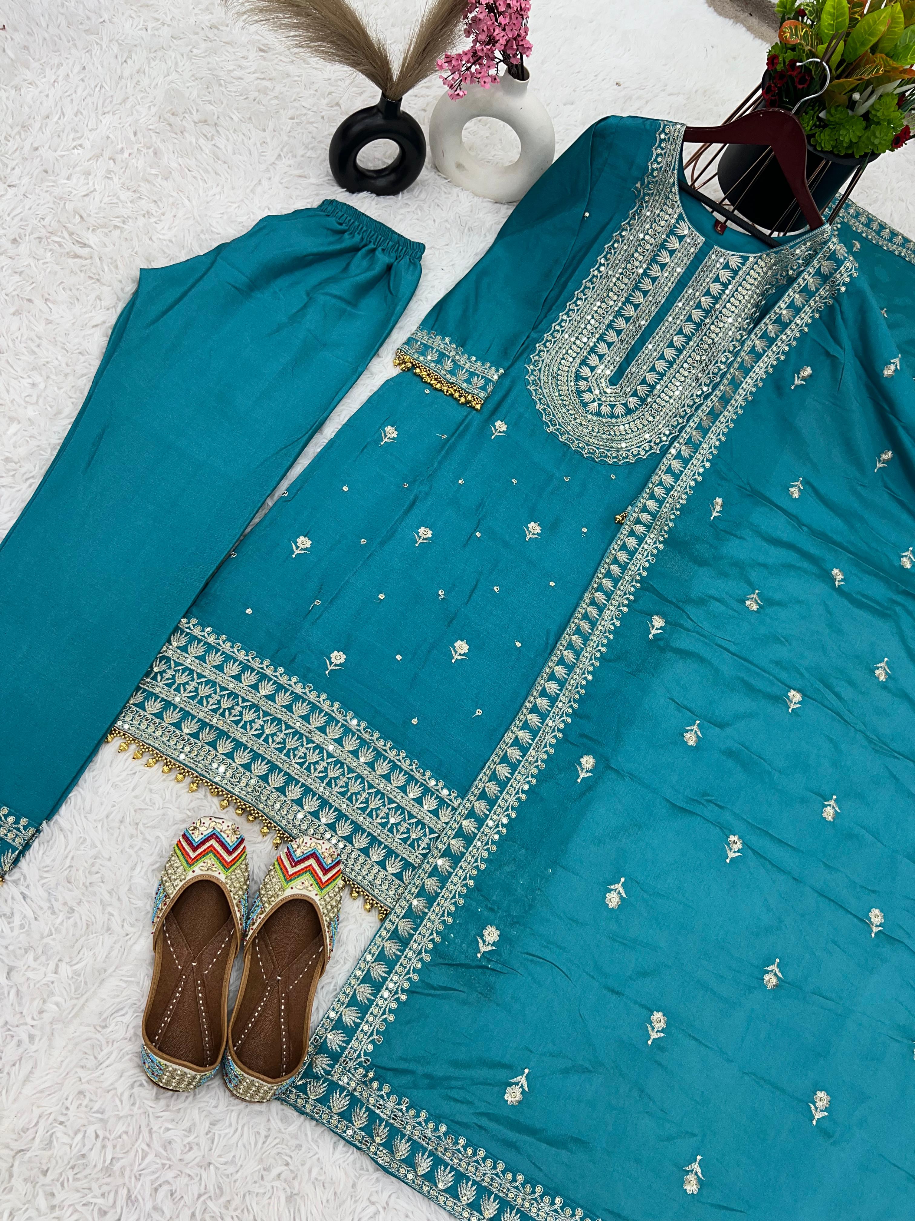 Ceremony Wear Blue Color Chinnon Silk Embroidery Salwar Suit