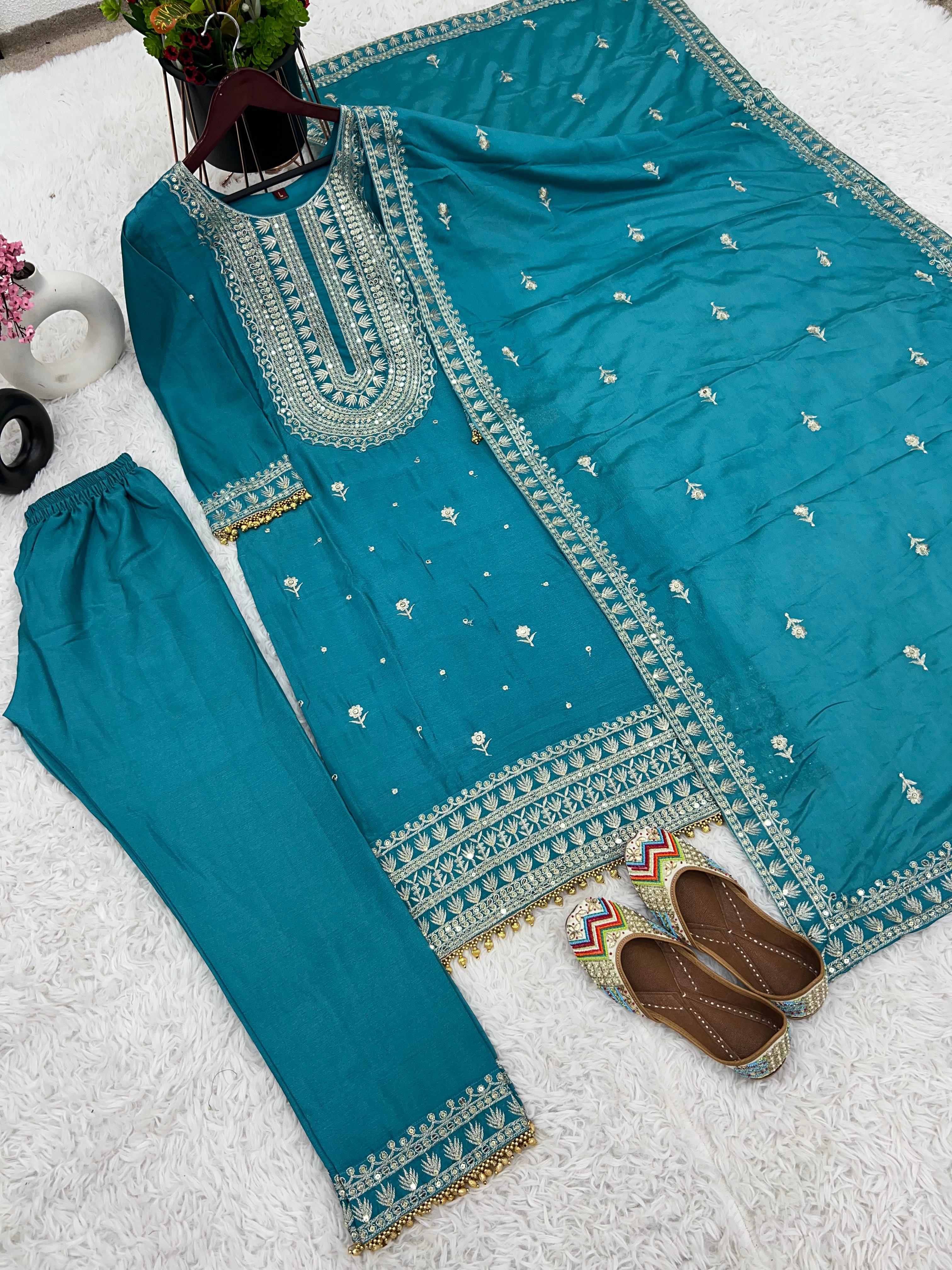 Ceremony Wear Blue Color Chinnon Silk Embroidery Salwar Suit