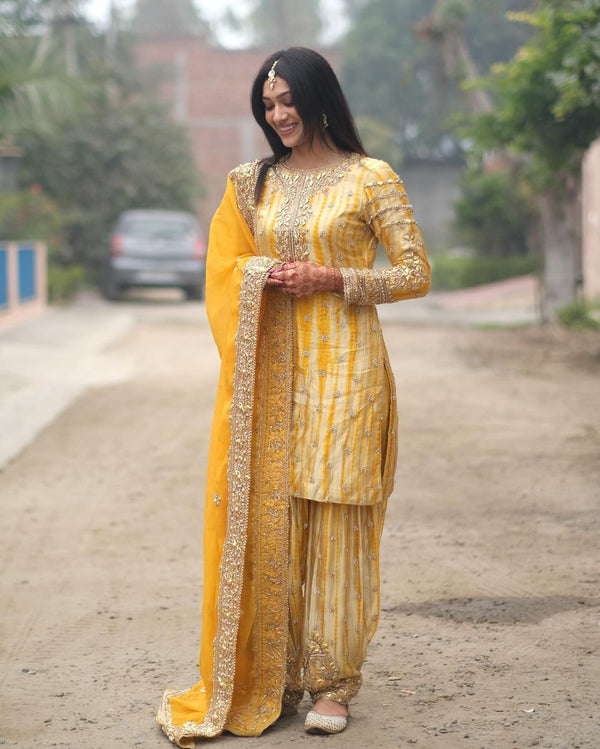 Haldi Wear Yellow Color Pure Chinon Silk With Digital Print And Sequence Work Patiyala Suit