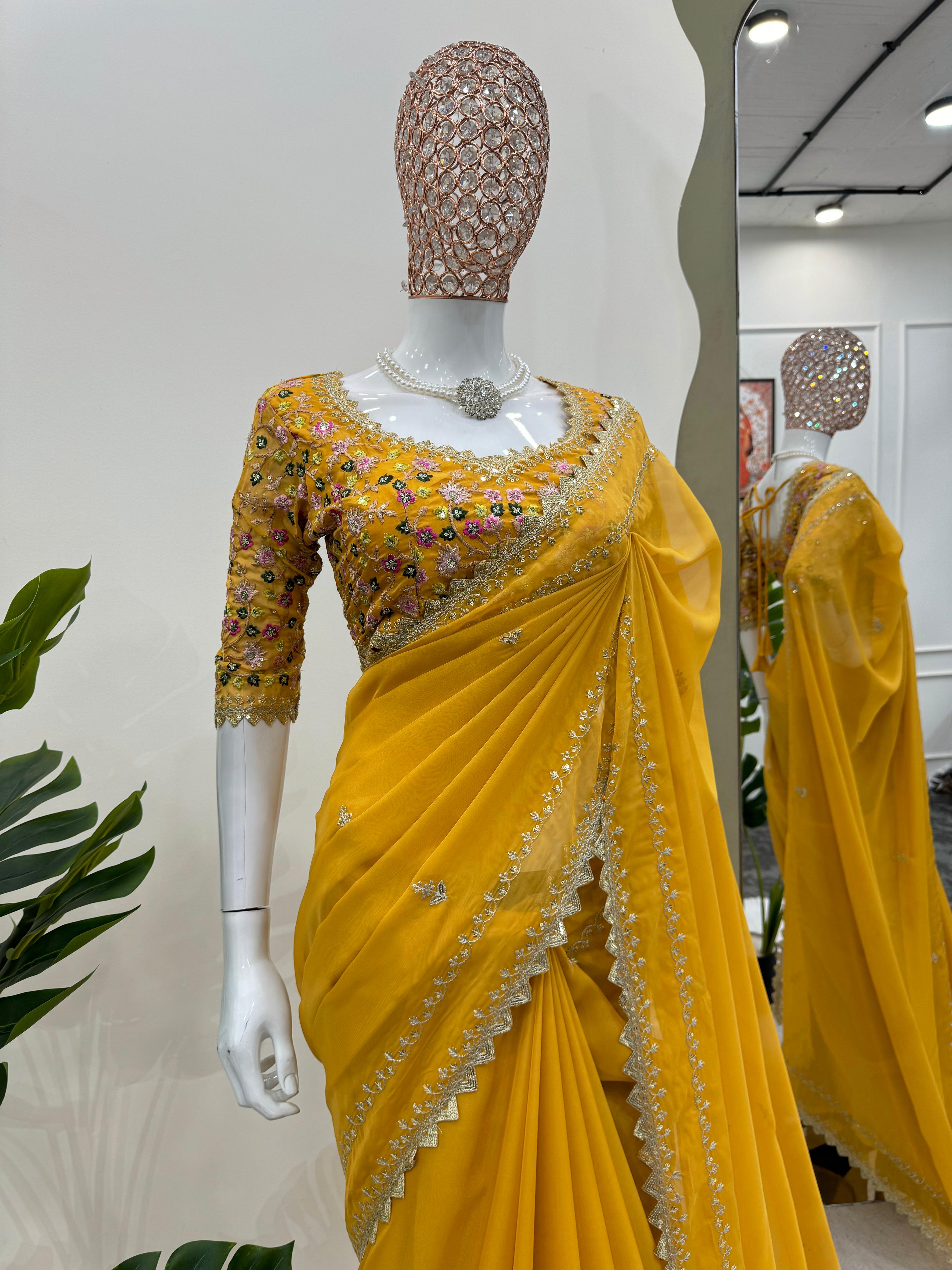 Stylish Designer Yellow Color Tibby Silk Thread With Sequence Work Haldi Wear Saree