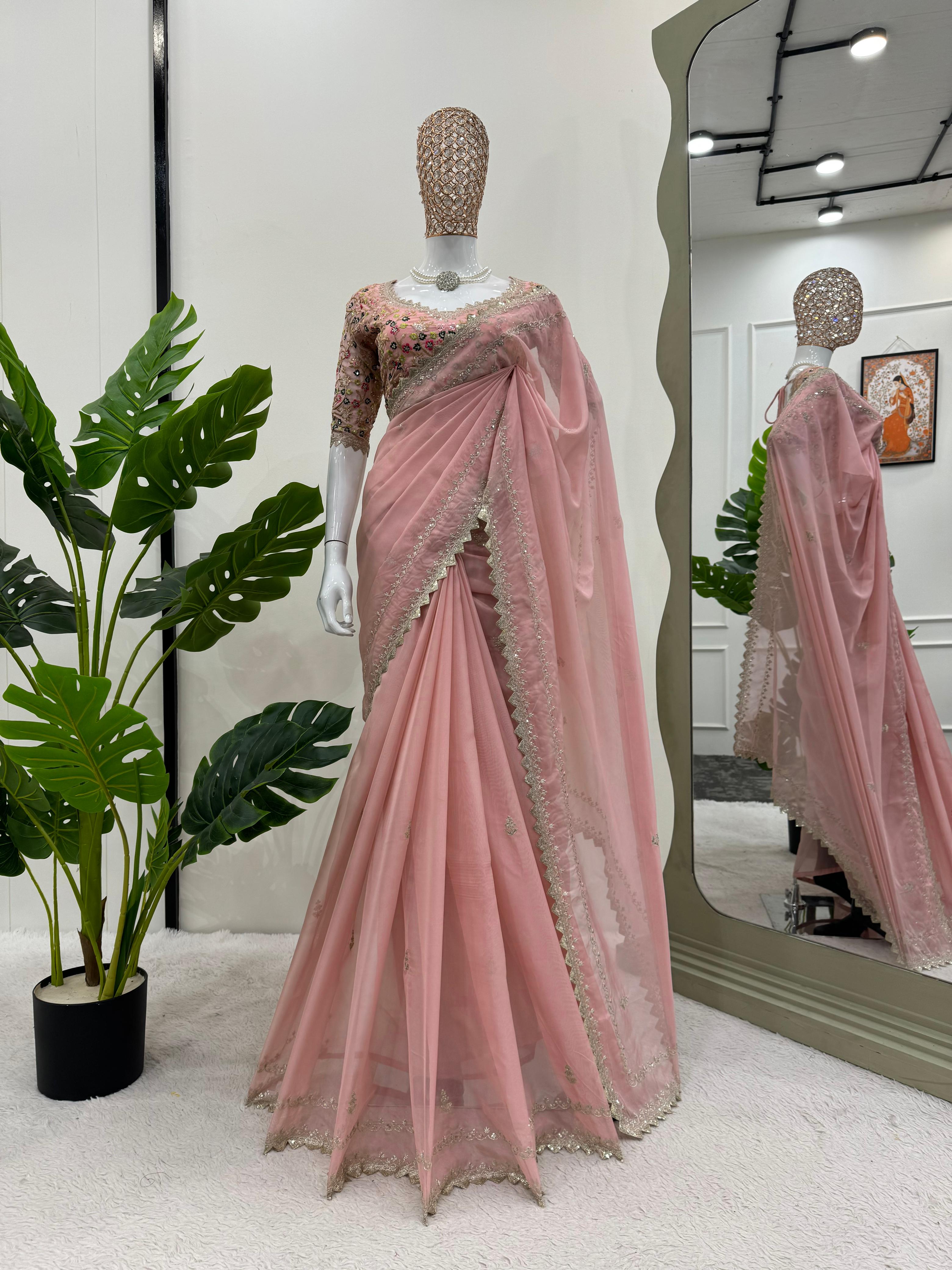 Stylish Designer Peach Color Tibby Silk Thread With Sequence Work Wedding Wear Saree