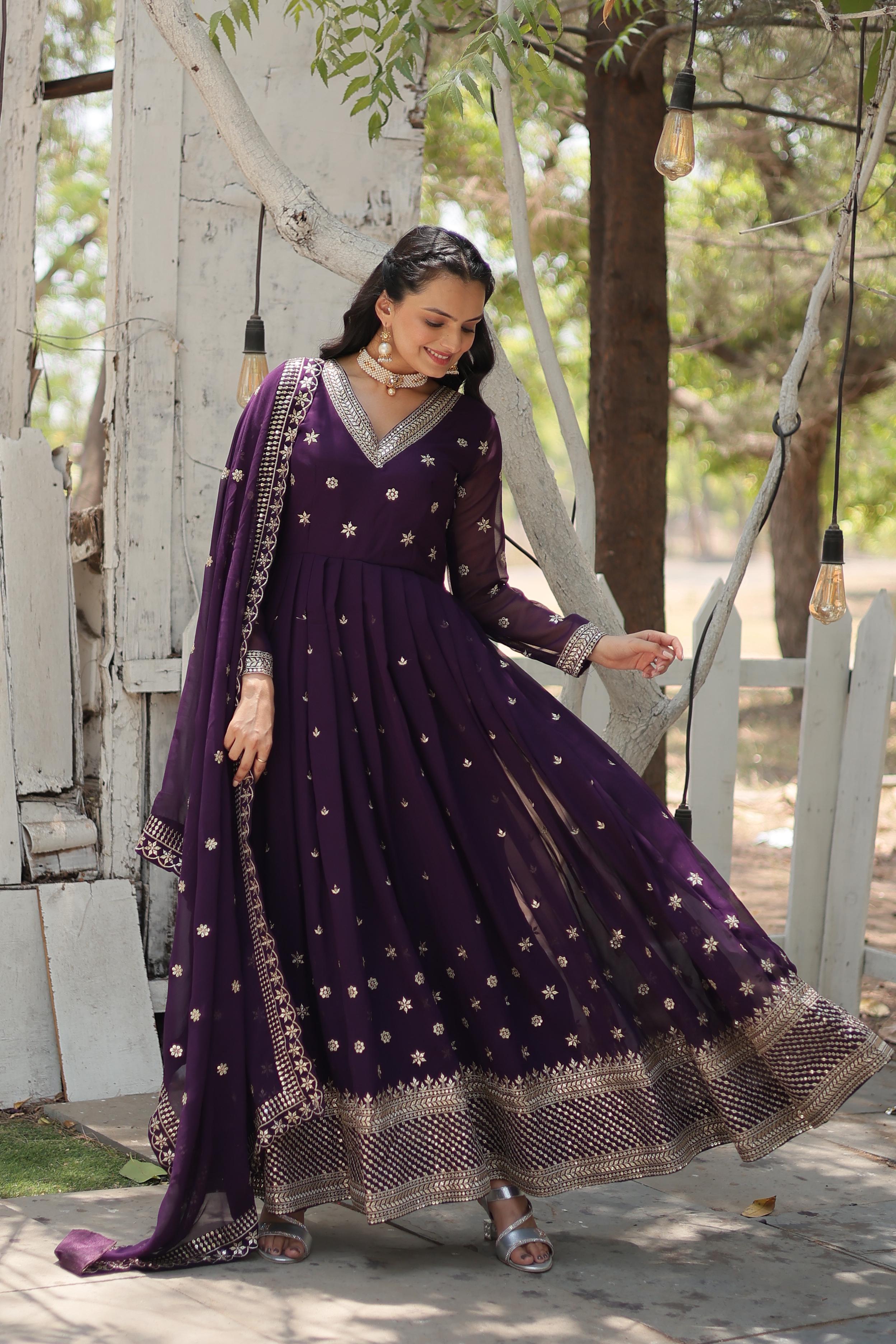 Eyes Catching Wine Color Beautiful Sequins Embroidered Work Gown WIth Dupatta