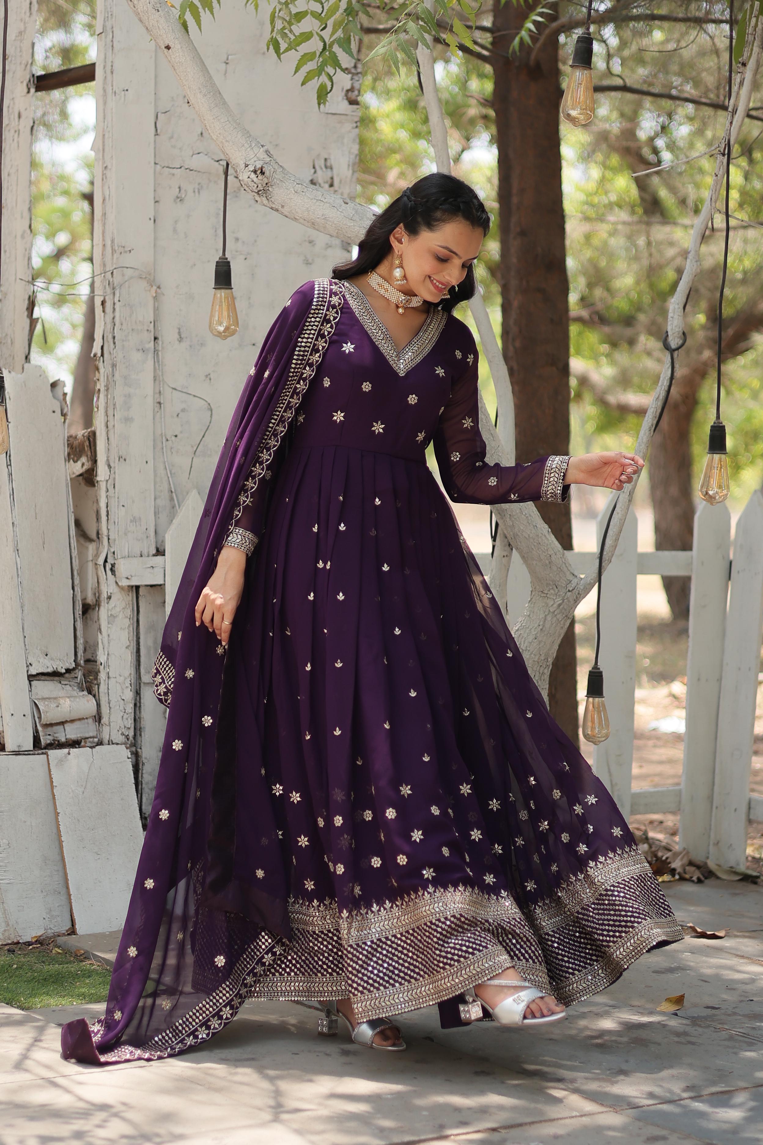 Eyes Catching Wine Color Beautiful Sequins Embroidered Work Gown WIth Dupatta