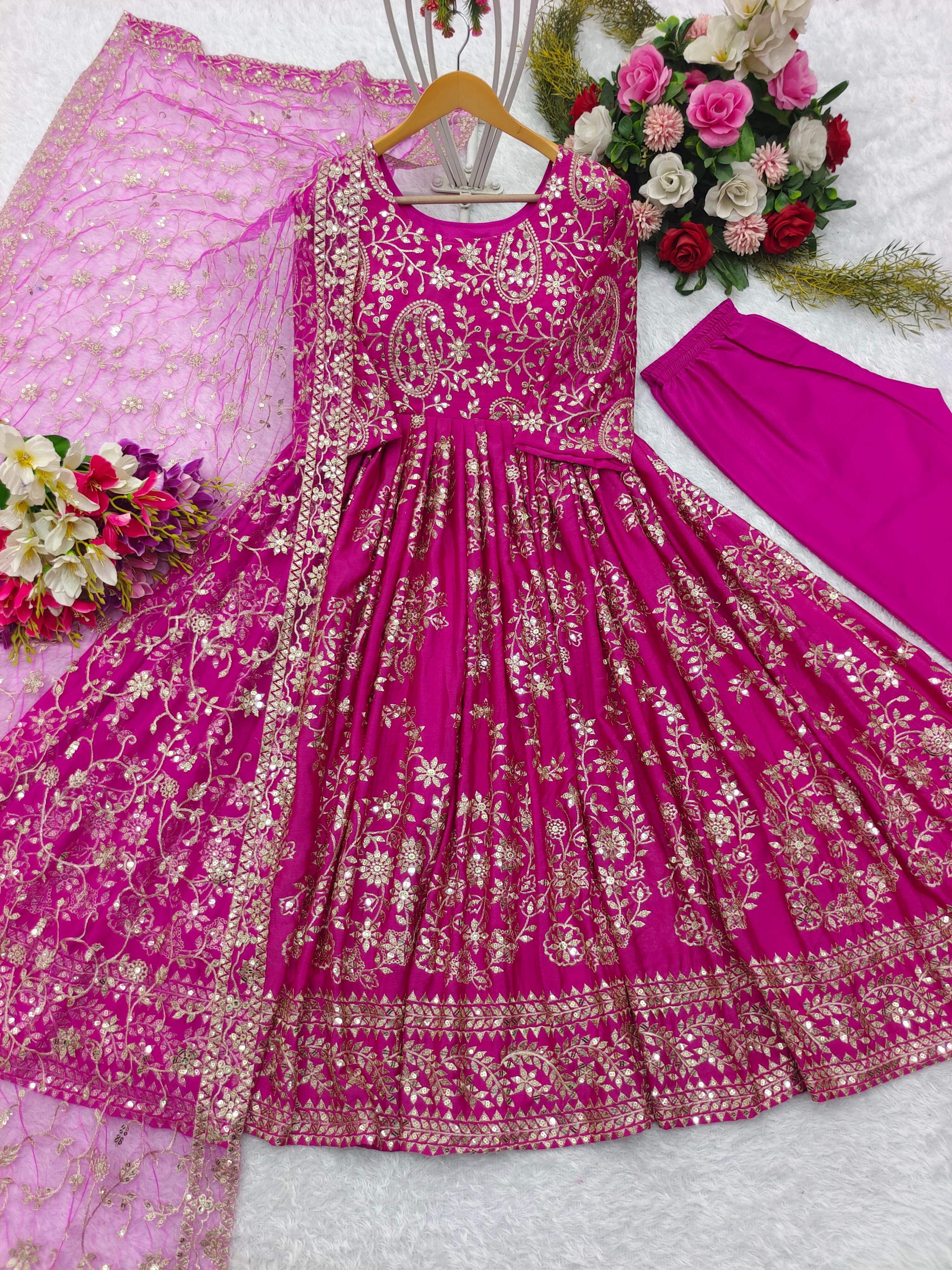 Celebrity Style Pink Color Pure Chinon Silk With Embroidery Sequence Work Designer Gown