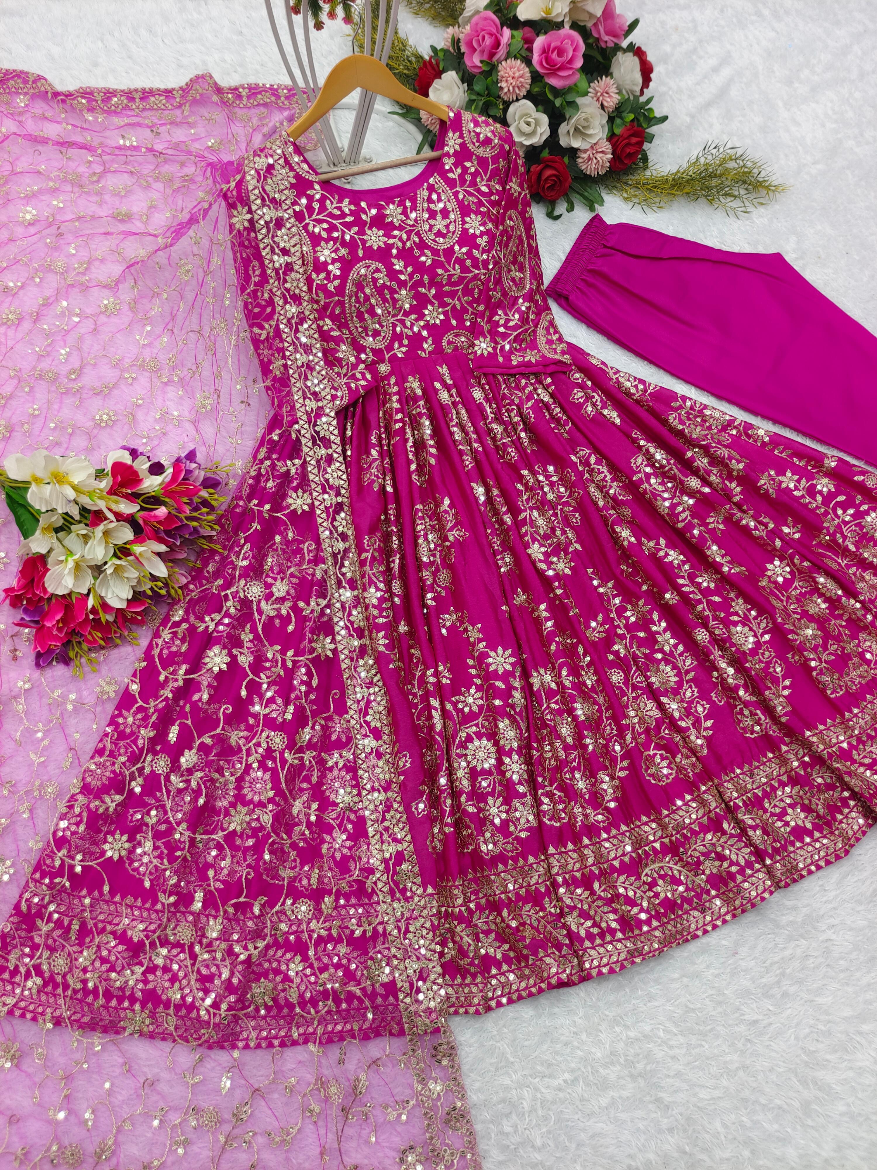 Celebrity Style Pink Color Pure Chinon Silk With Embroidery Sequence Work Designer Gown