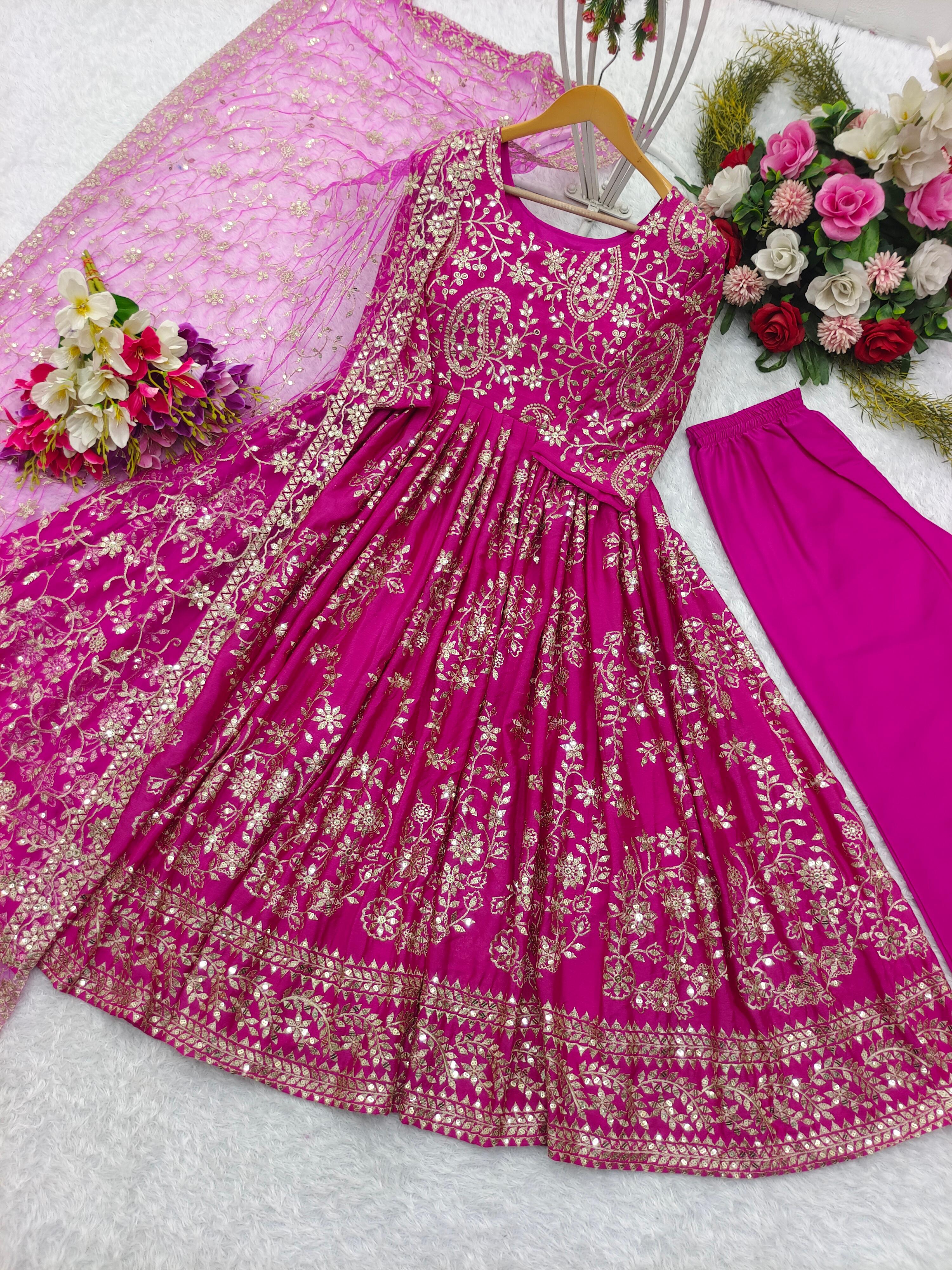 Celebrity Style Pink Color Pure Chinon Silk With Embroidery Sequence Work Designer Gown