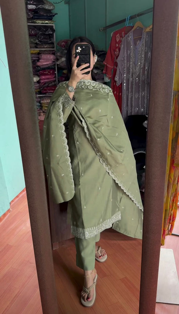 Mesmerizing Green Color Pure Chinon Silk Salwar Suit