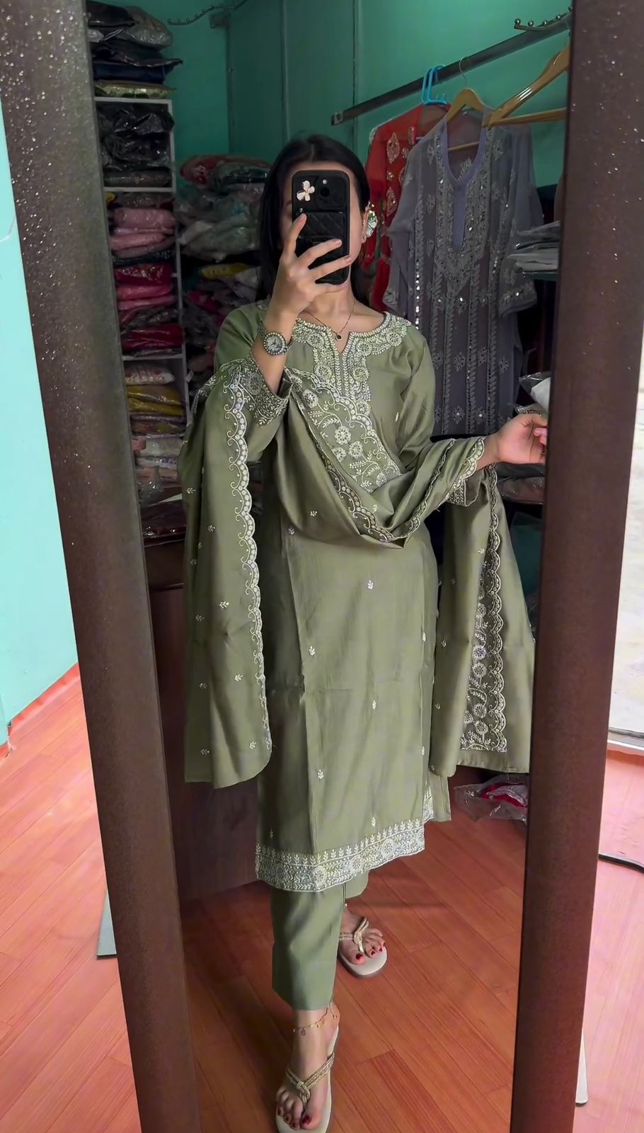 Mesmerizing Green Color Pure Chinon Silk Salwar Suit