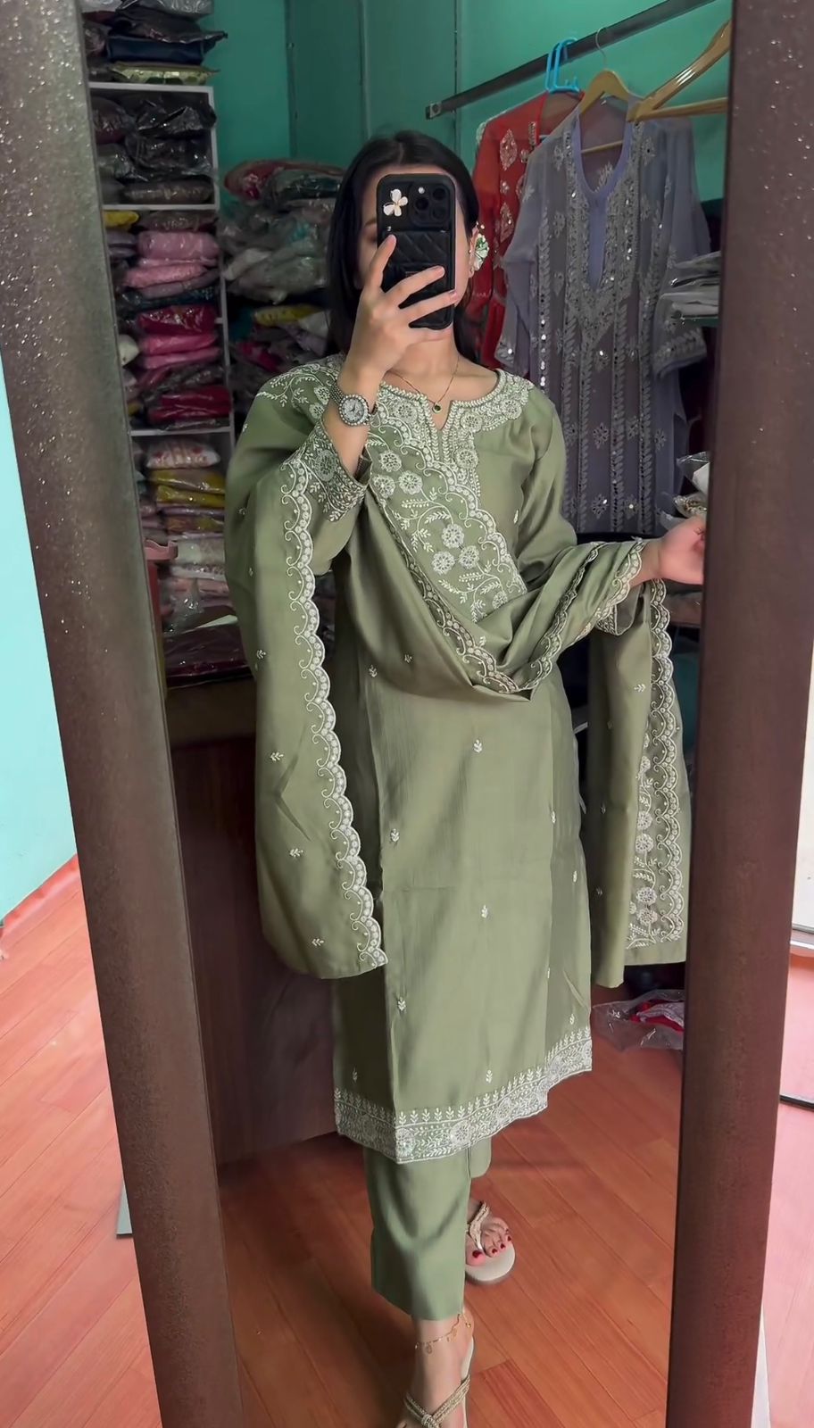 Mesmerizing Green Color Pure Chinon Silk Salwar Suit