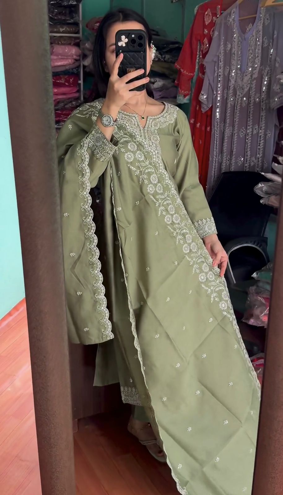 Mesmerizing Green Color Pure Chinon Silk Salwar Suit