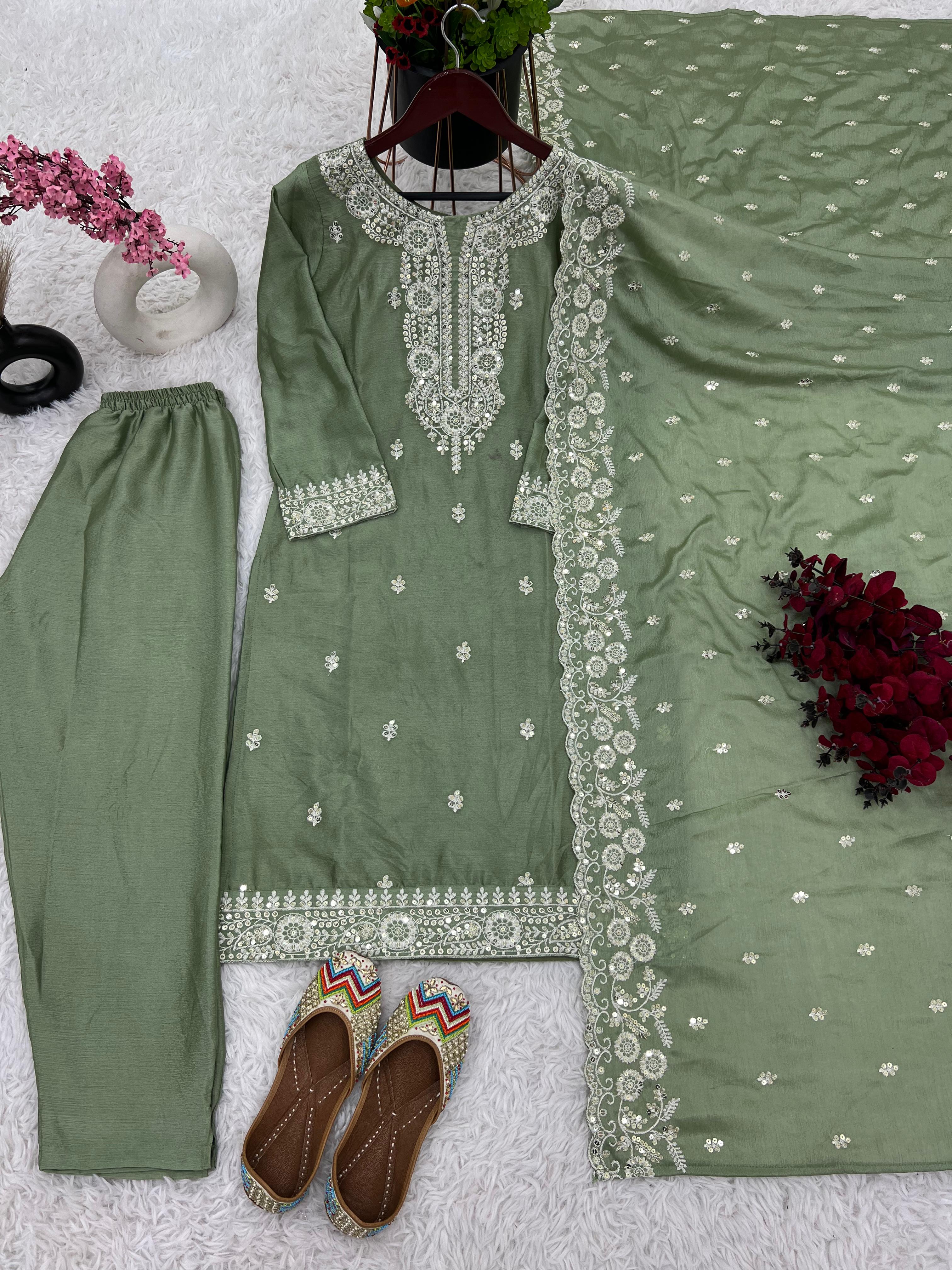 Mesmerizing Green Color Pure Chinon Silk Salwar Suit