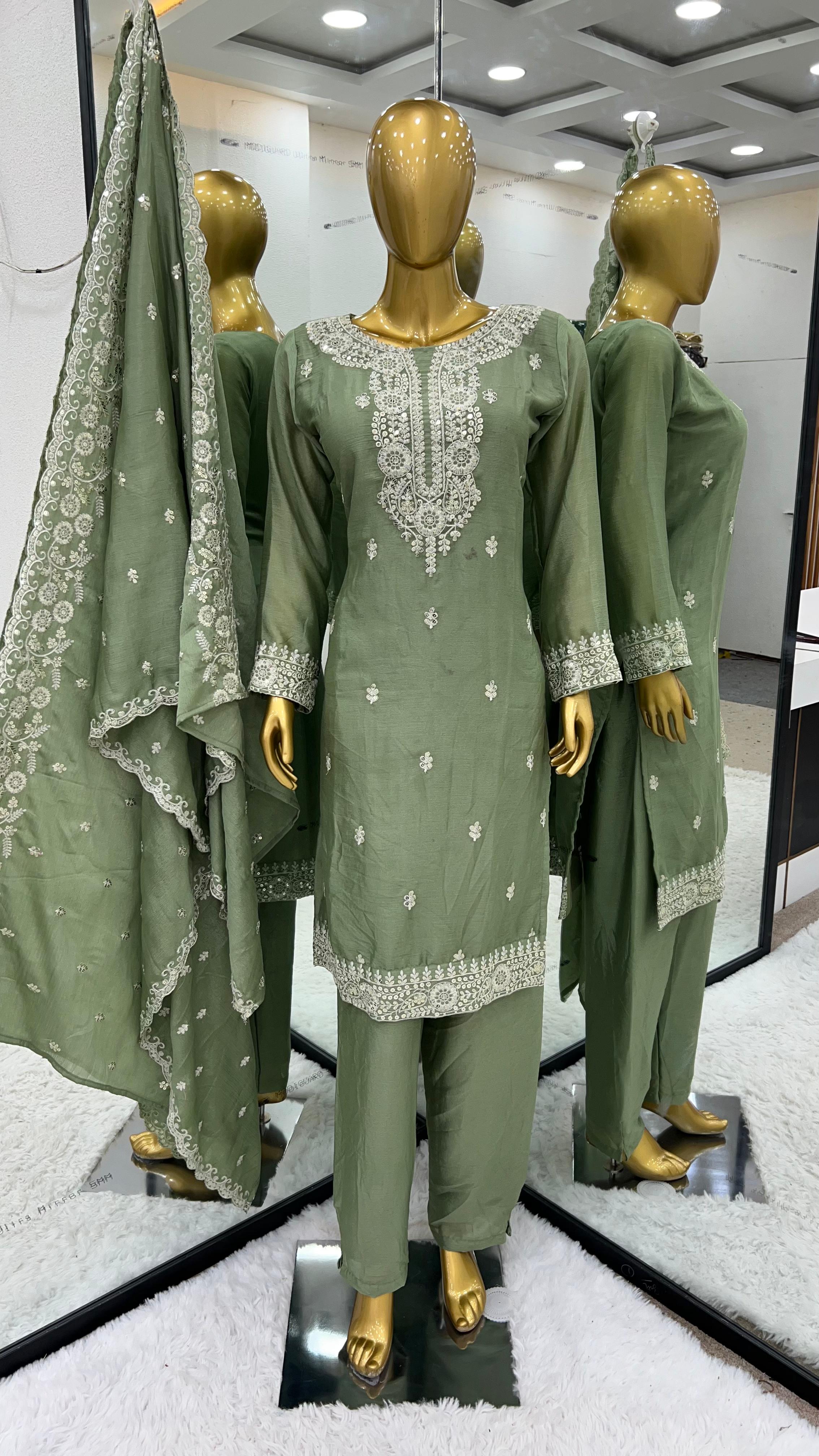 Mesmerizing Green Color Pure Chinon Silk Salwar Suit