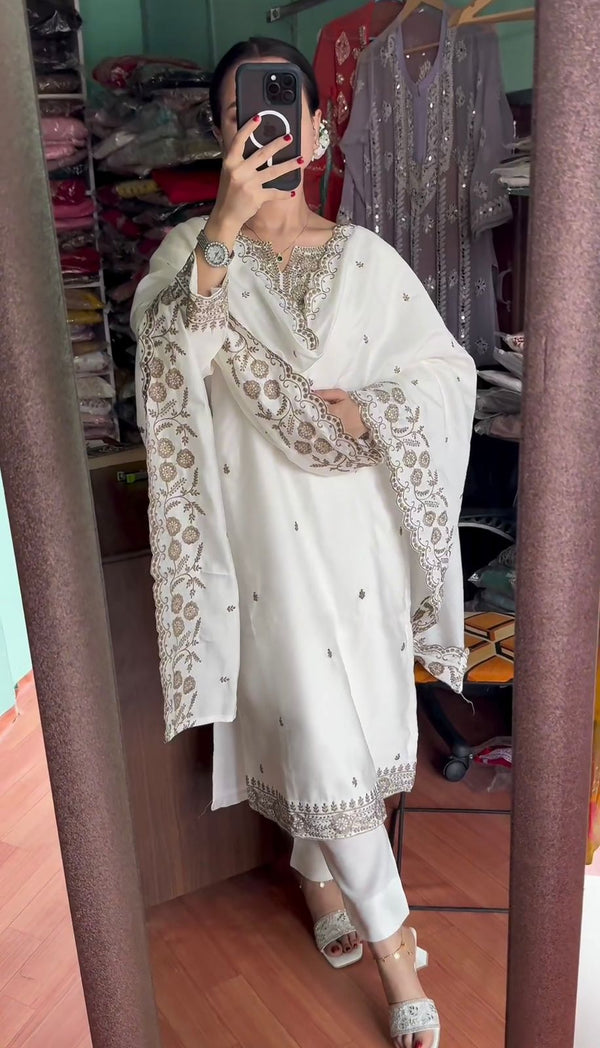 Alluring White Color Pure Chinon Silk Salwar Suit