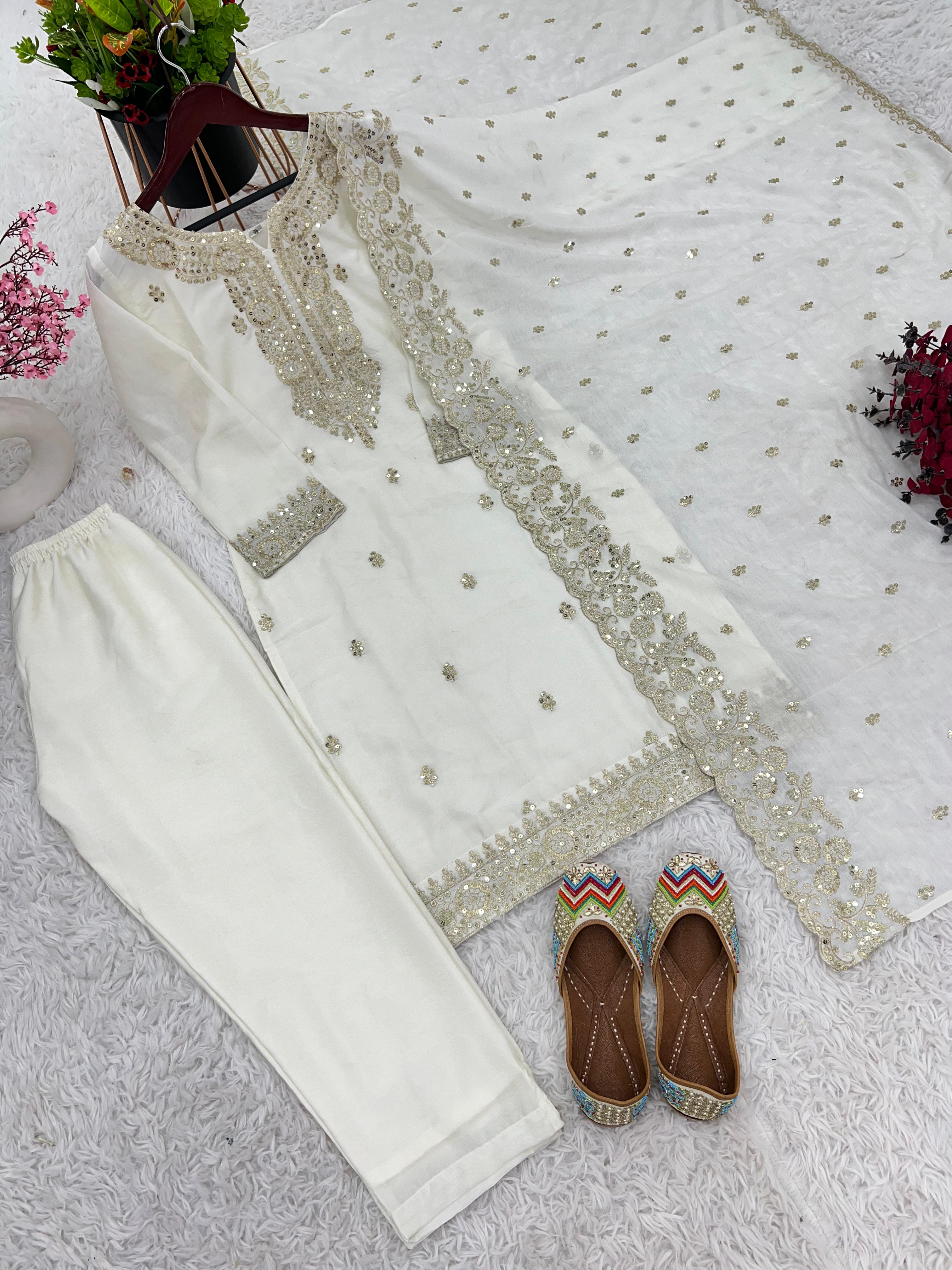 Alluring White Color Pure Chinon Silk Salwar Suit