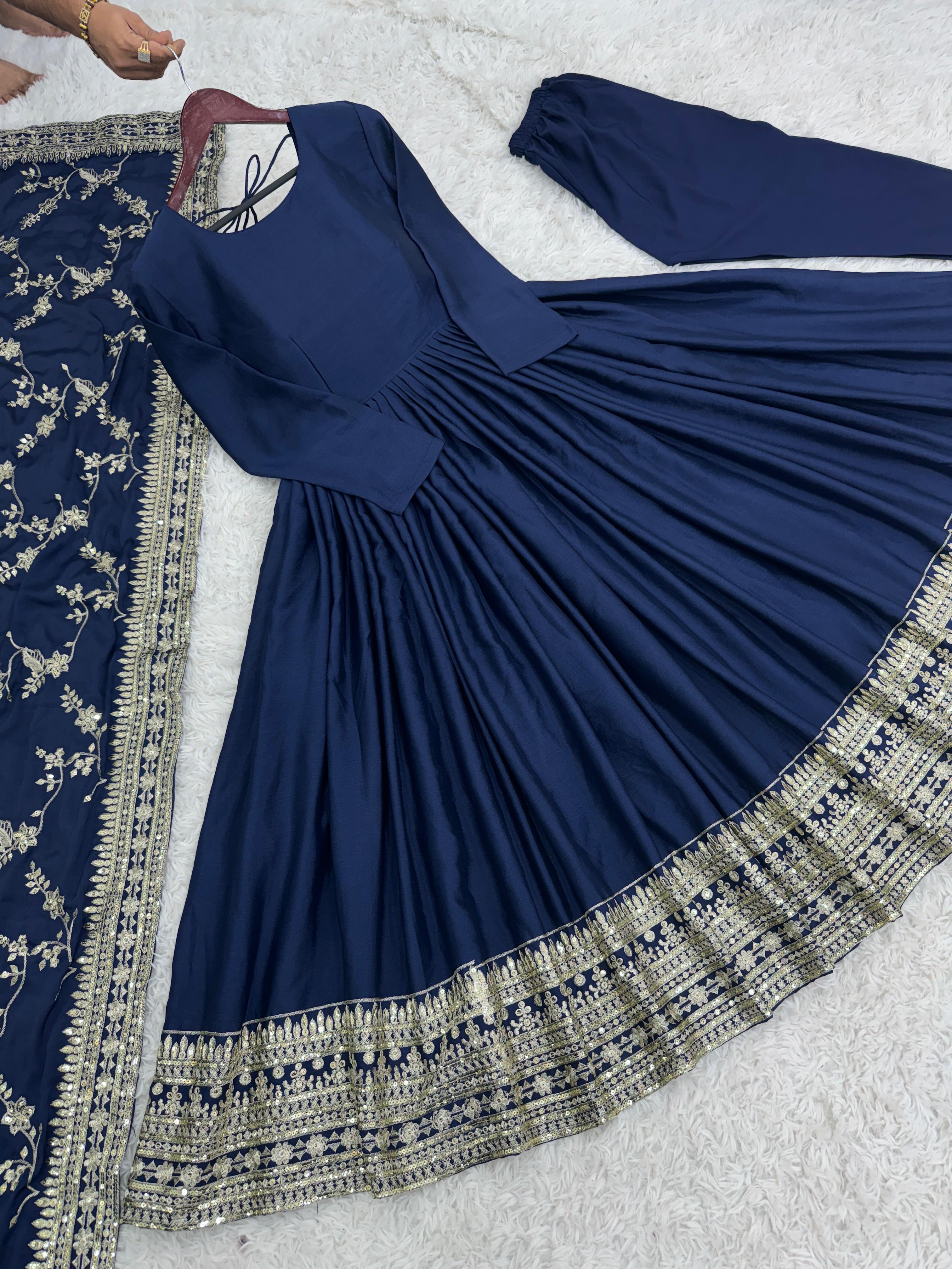 Designer Party Wear Look Full Heavy Embroidery Sequence Work Navy Blue Gown