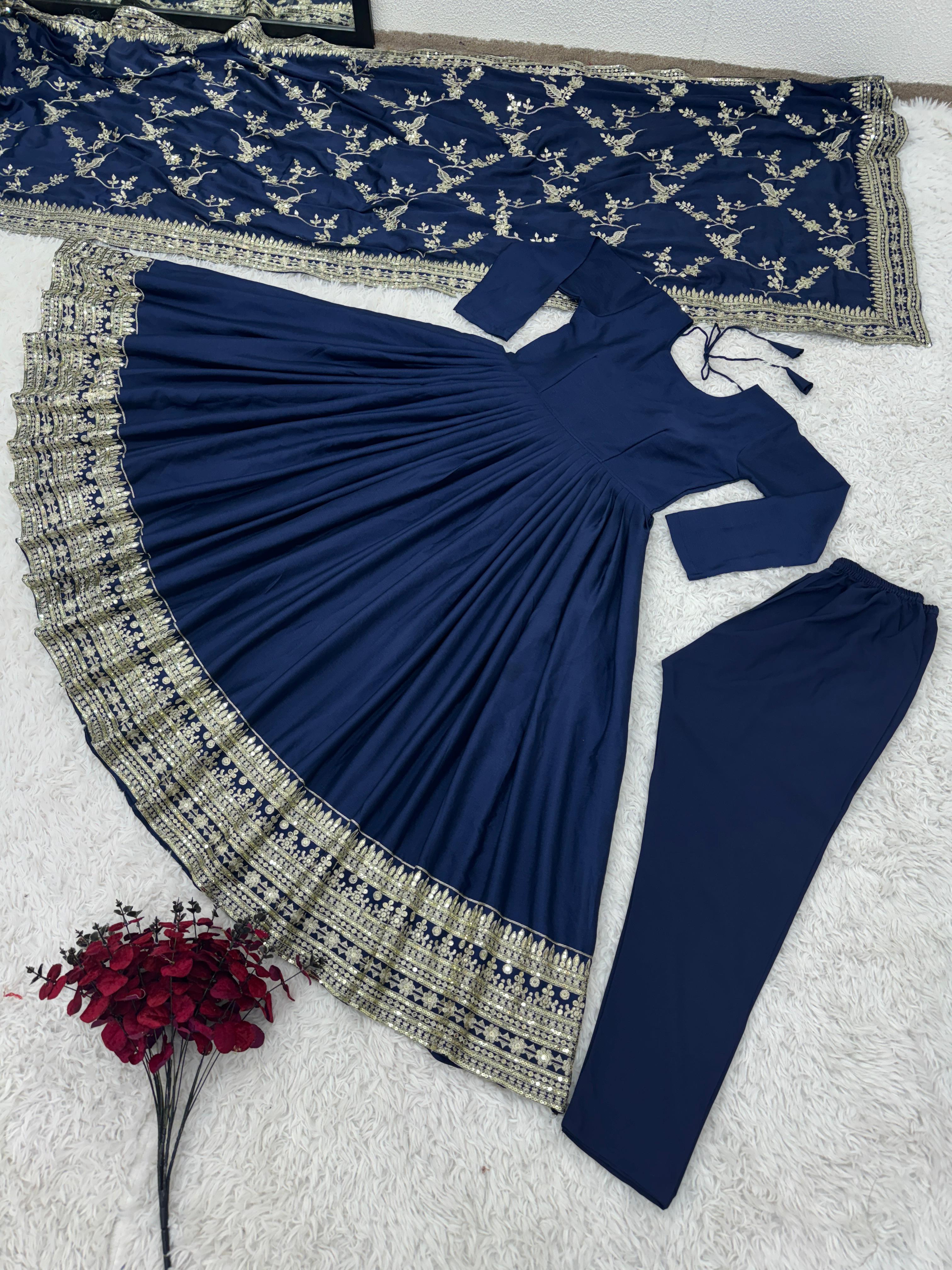 Designer Party Wear Look Full Heavy Embroidery Sequence Work Navy Blue Gown