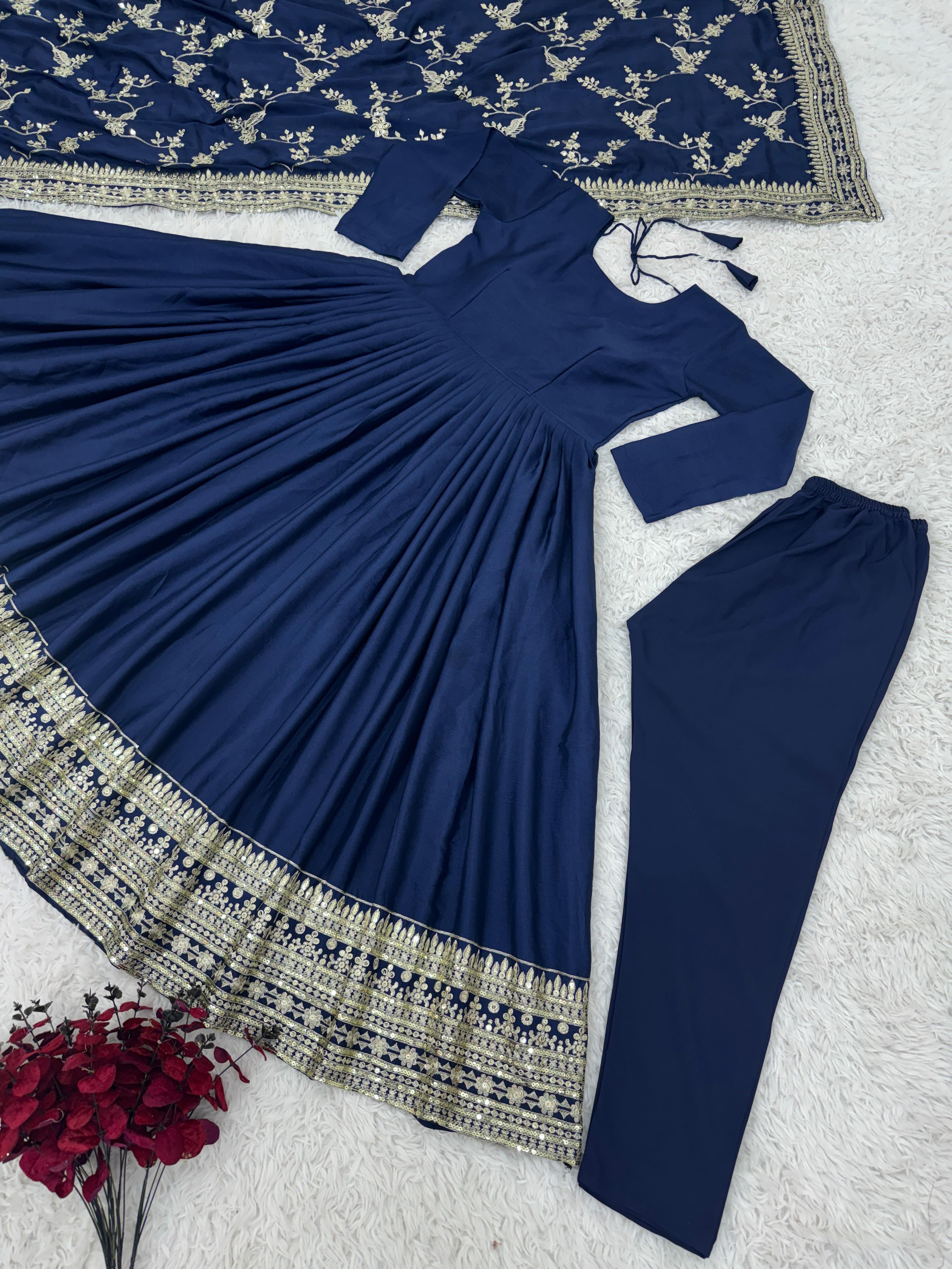 Designer Party Wear Look Full Heavy Embroidery Sequence Work Navy Blue Gown