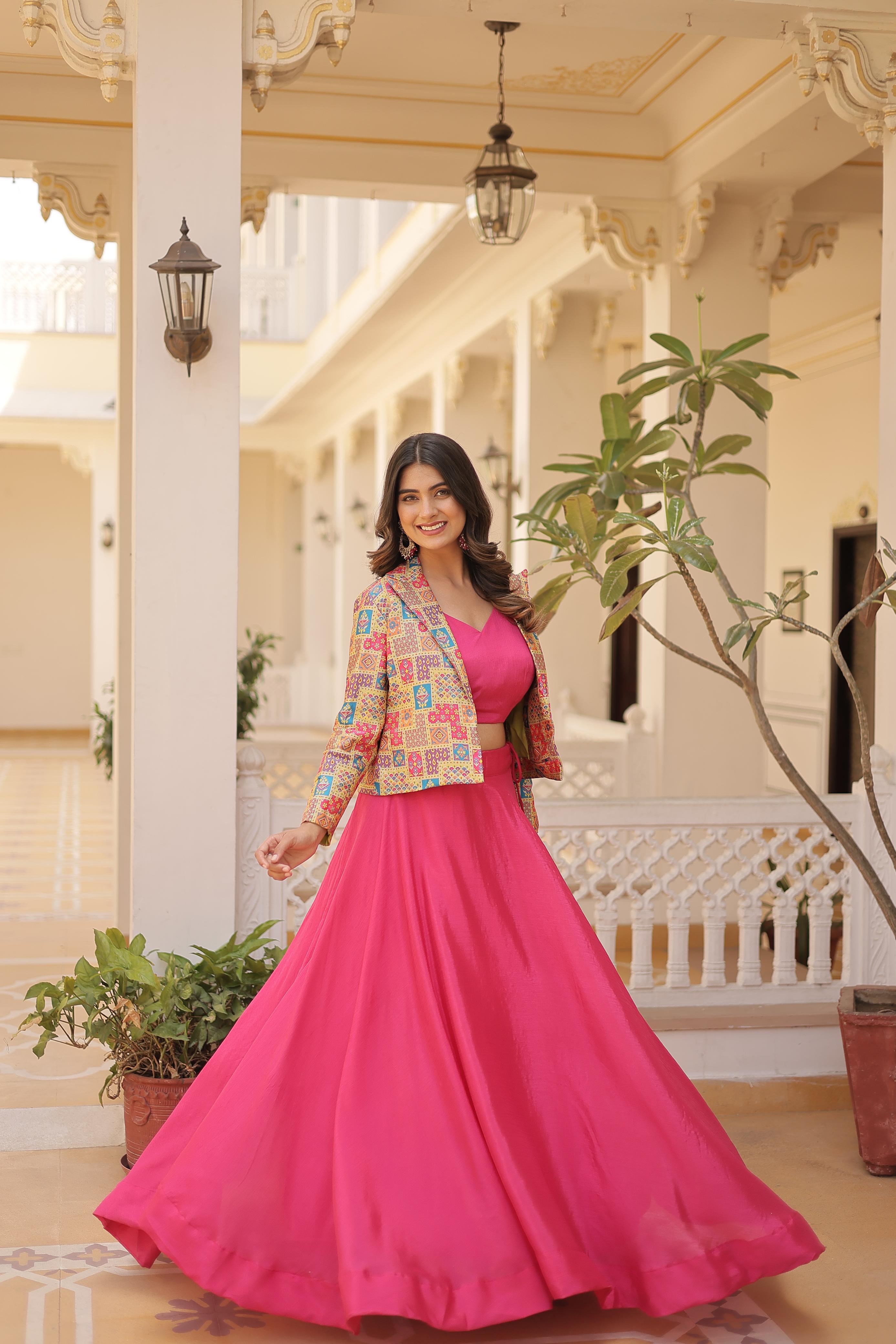 Party Wear Pink Color Chinon Work Lehenga Choli With Koti