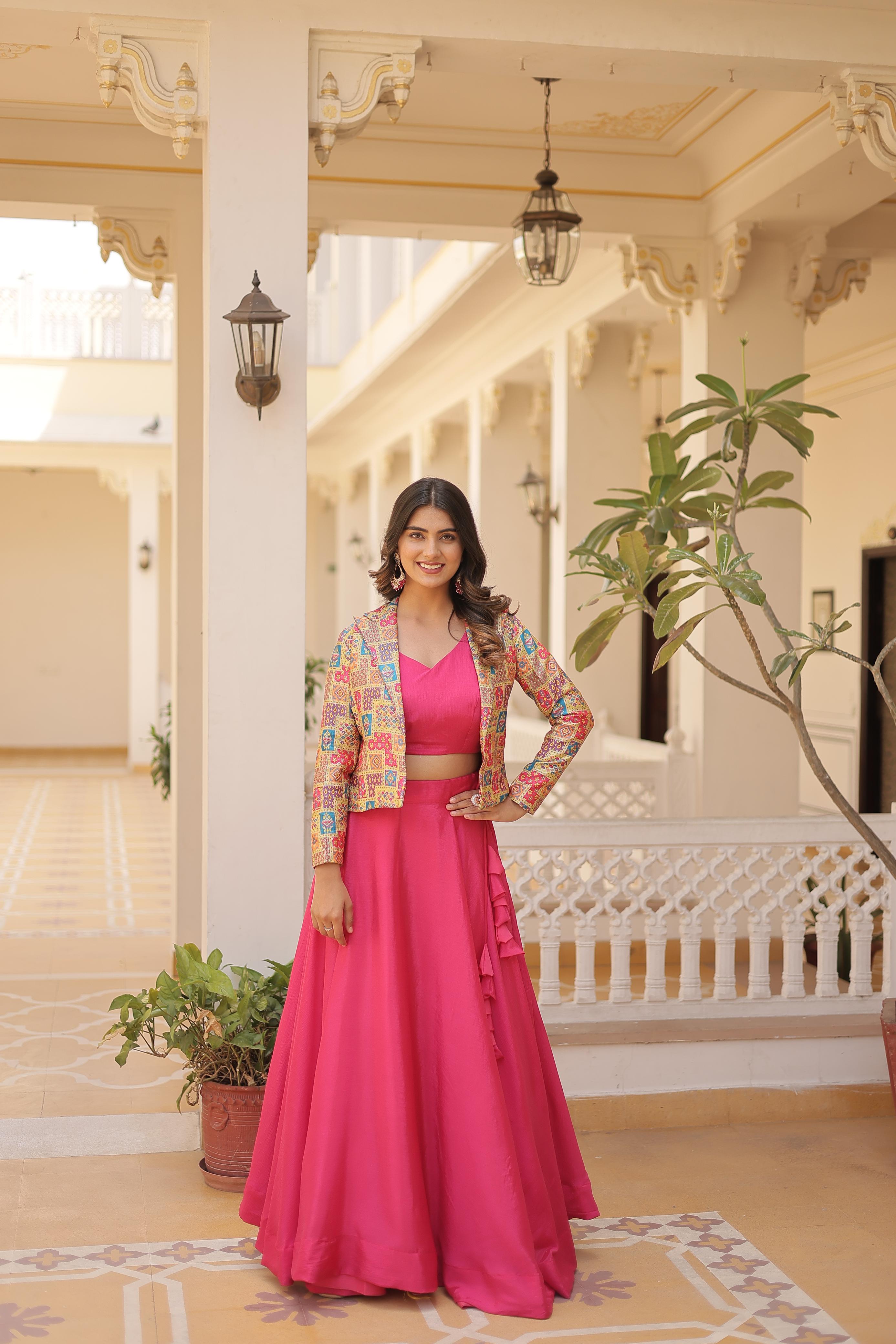 Party Wear Pink Color Chinon Work Lehenga Choli With Koti