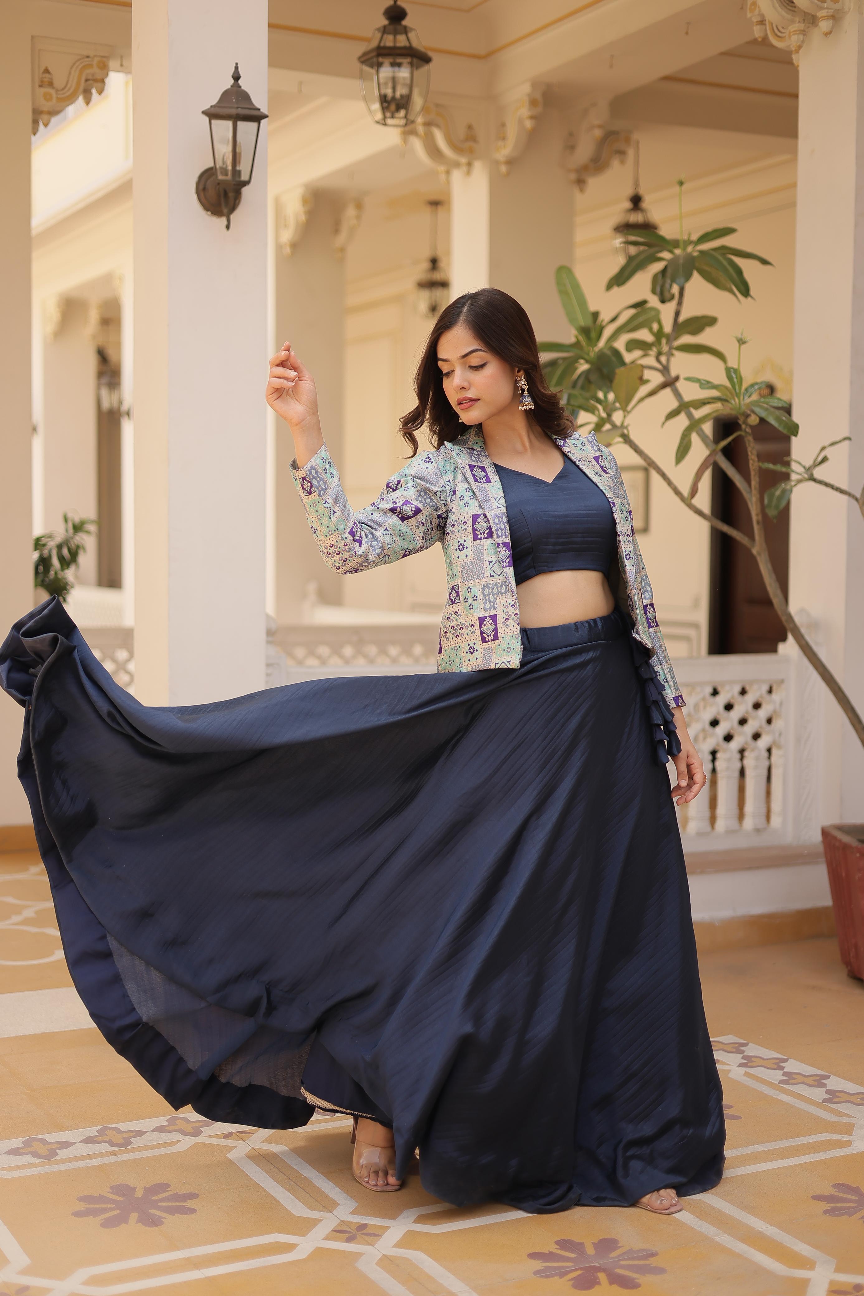 Wedding Wear Blue Color Chinon Work Lehenga Choli With Koti