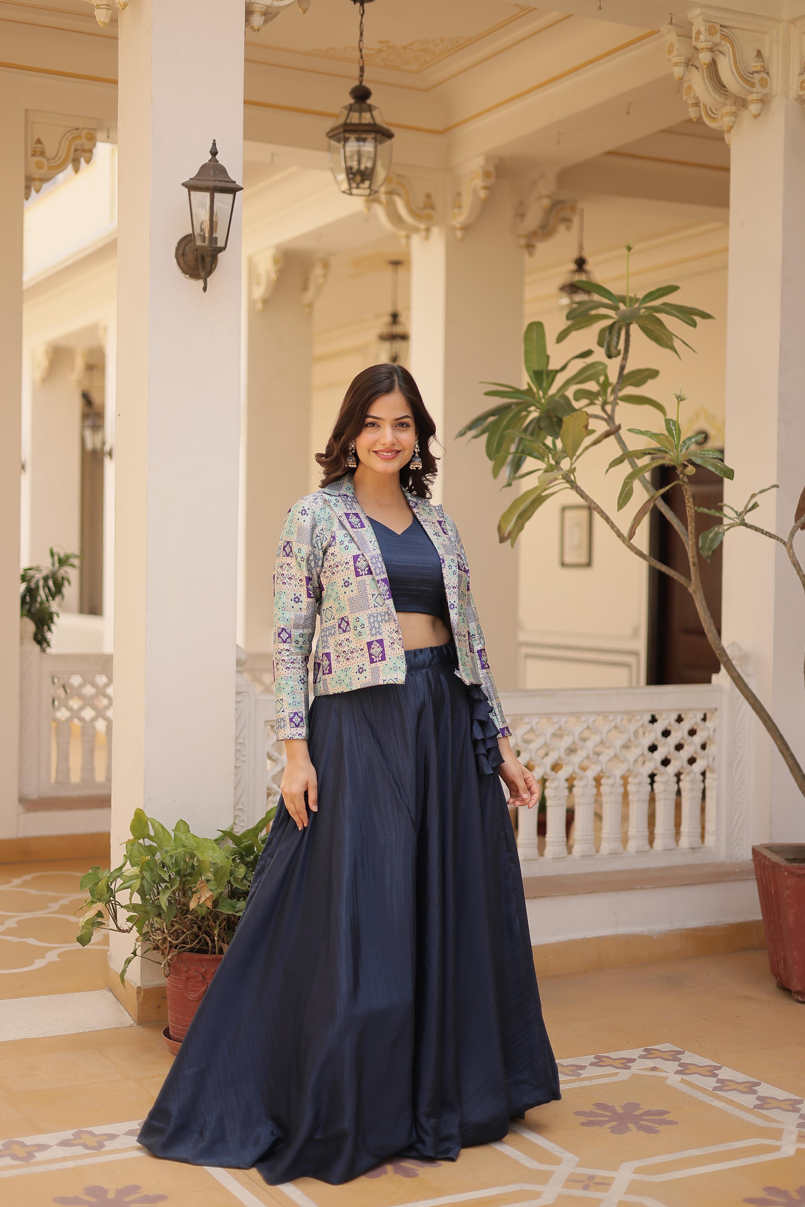 Wedding Wear Blue Color Chinon Work Lehenga Choli With Koti