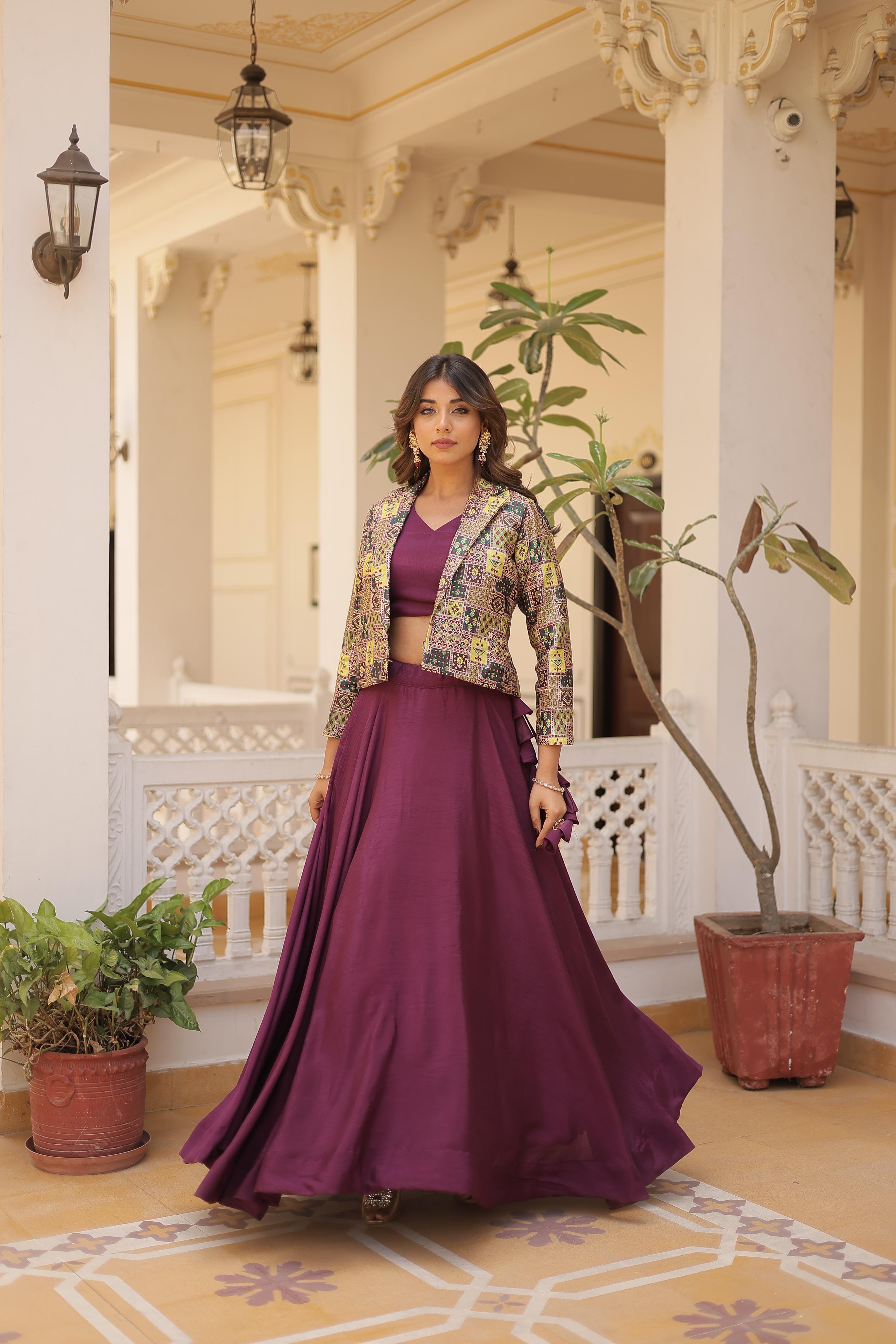 Mesmerizing Wine Color Chinon Work Lehenga Choli With Koti