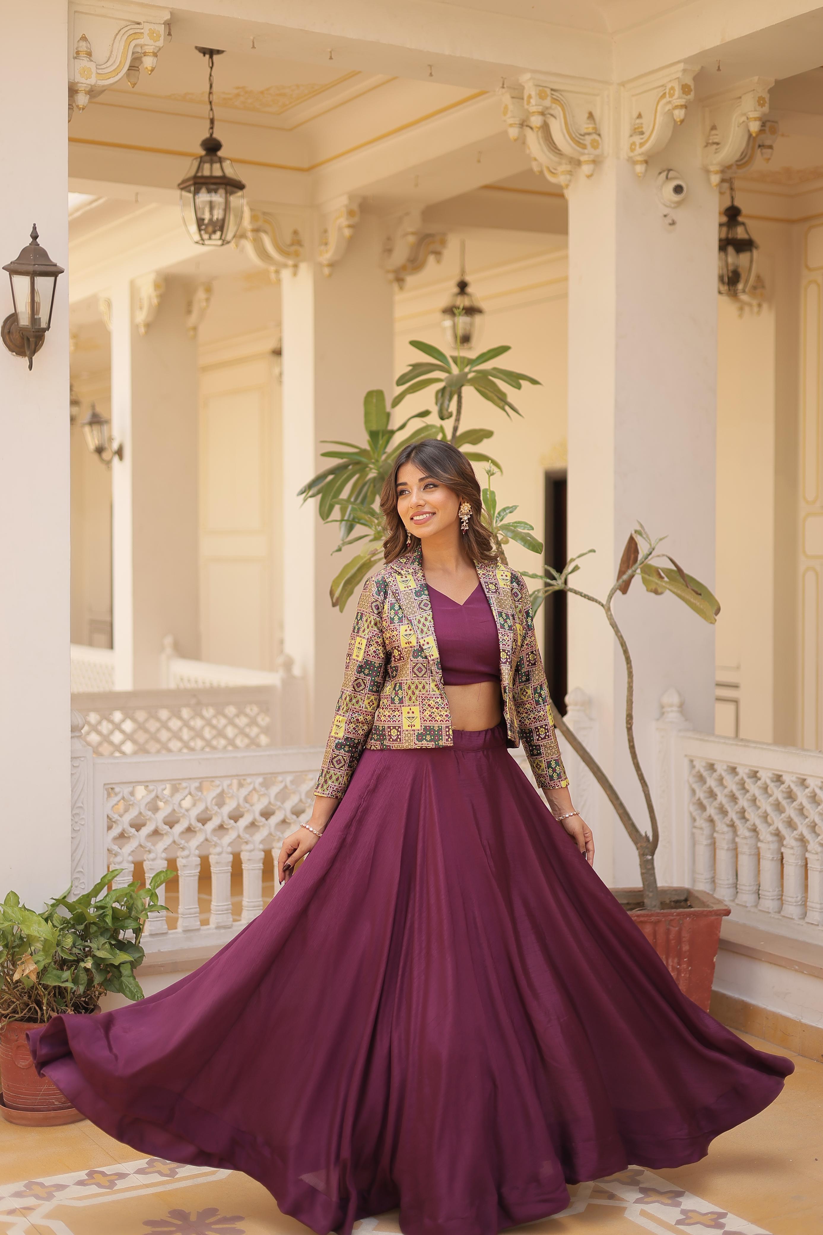 Mesmerizing Wine Color Chinon Work Lehenga Choli With Koti