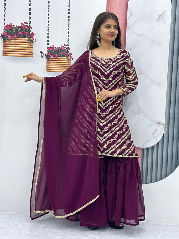 Engagement Wear Wine Color Heavy Embroidery Sequence Work Sharara Suit