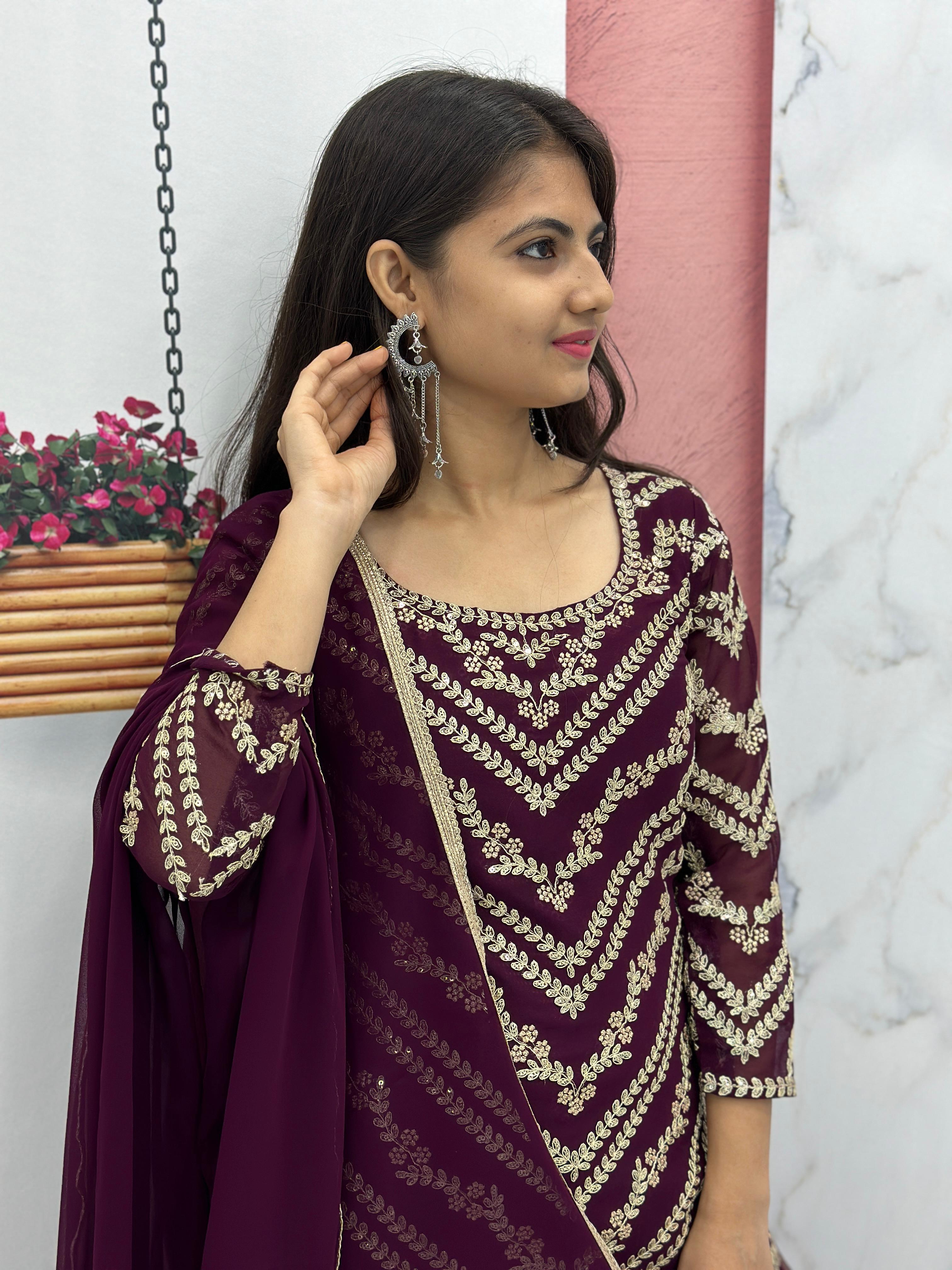 Engagement Wear Wine Color Heavy Embroidery Sequence Work Sharara Suit