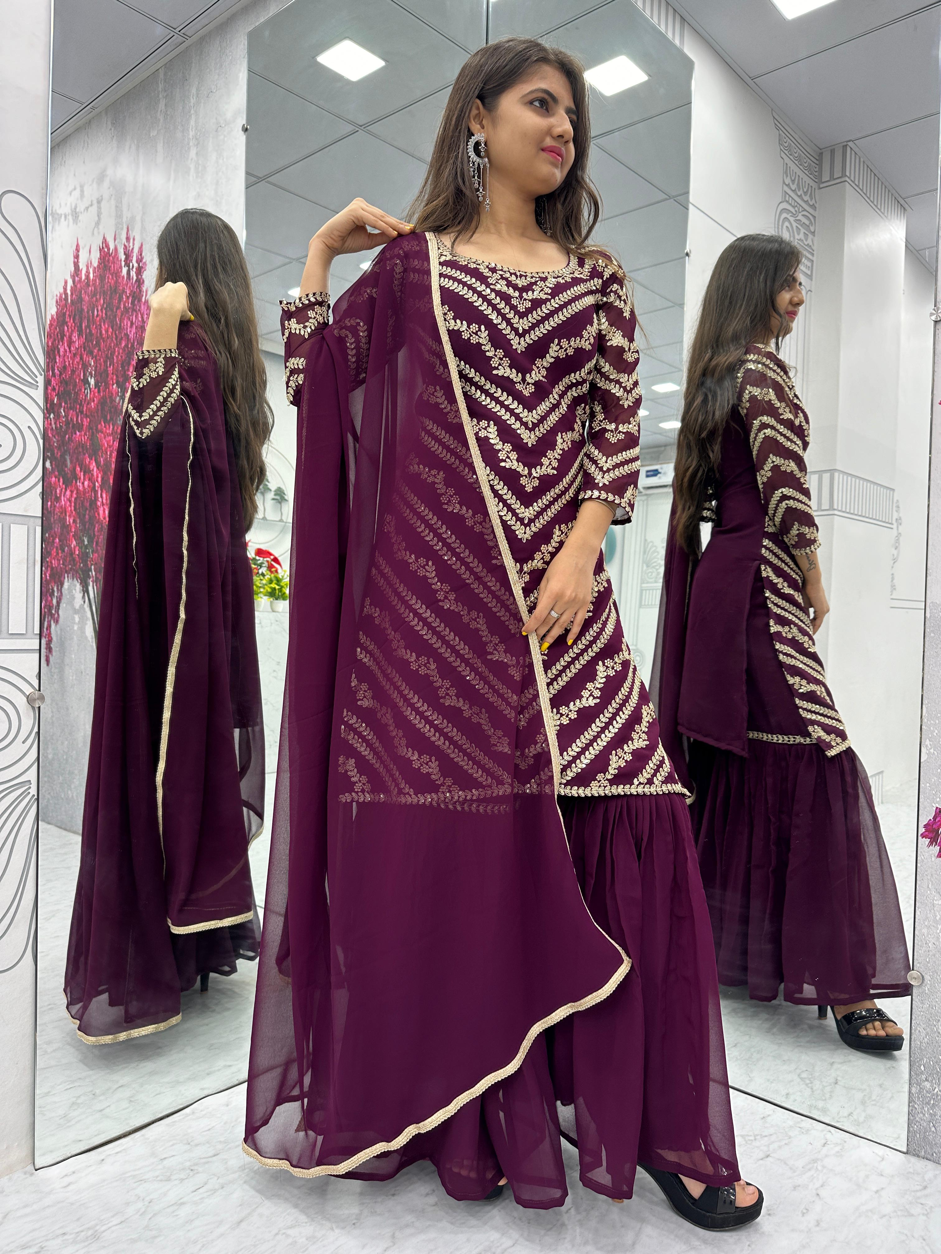 Engagement Wear Wine Color Heavy Embroidery Sequence Work Sharara Suit