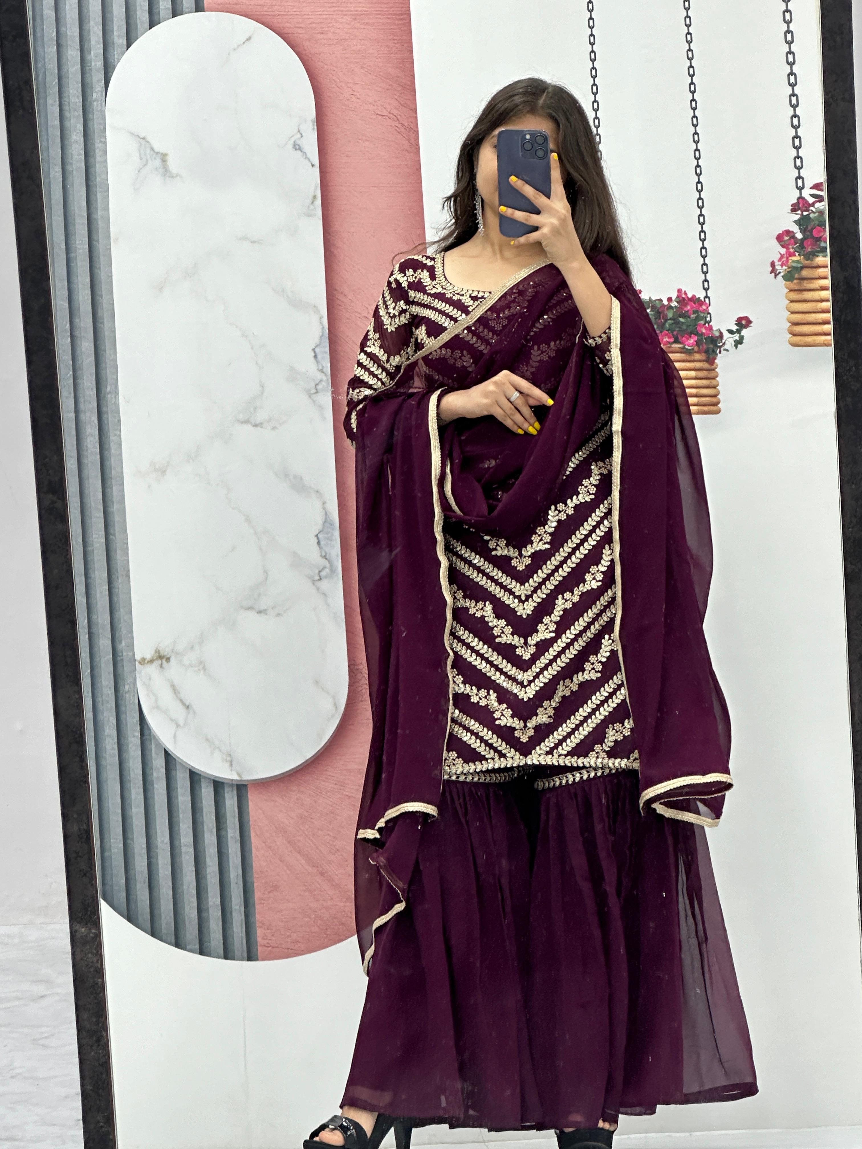 Engagement Wear Wine Color Heavy Embroidery Sequence Work Sharara Suit