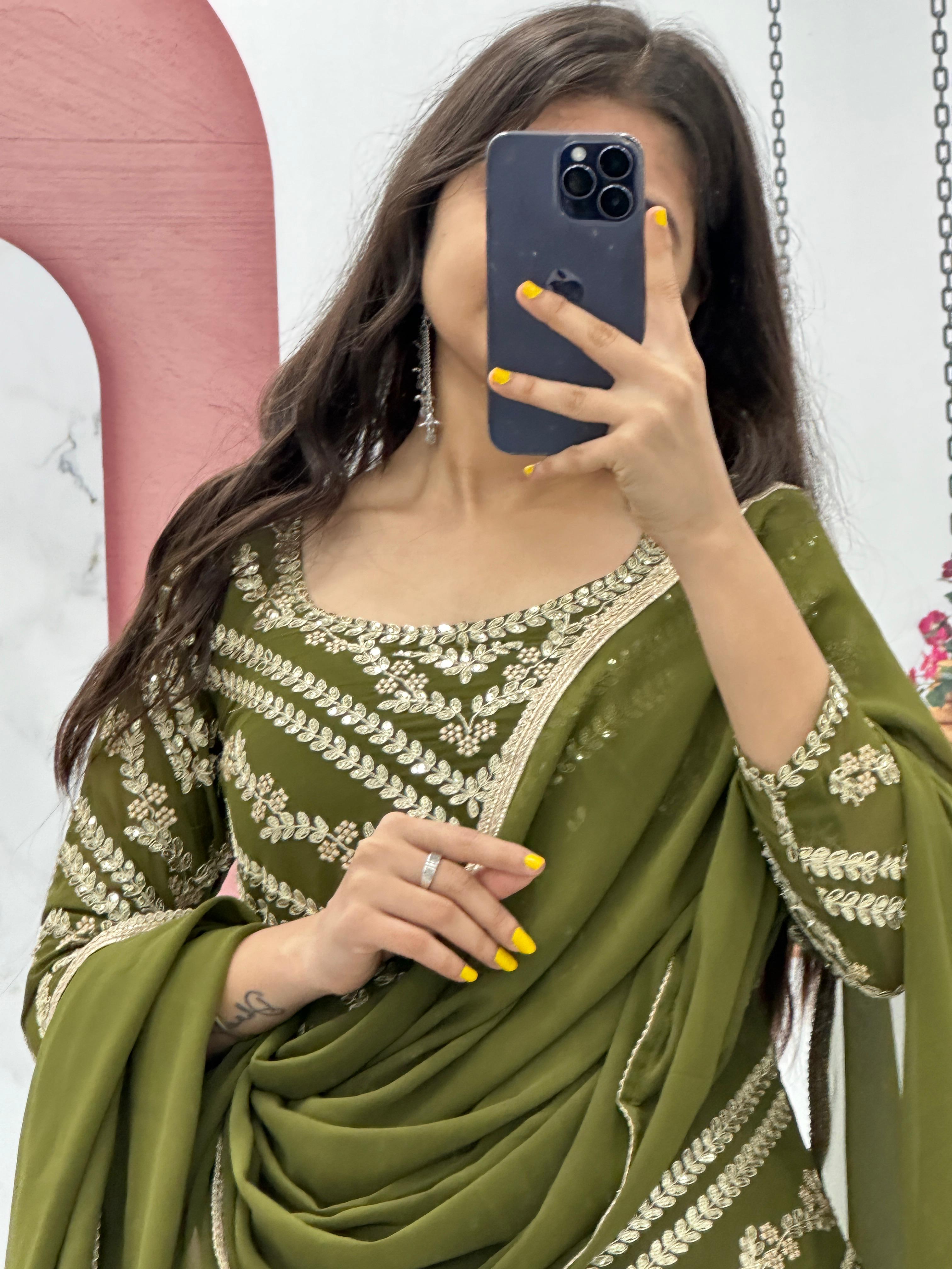 Engagement Wear Green Color Heavy Embroidery Sequence Work Sharara Suit