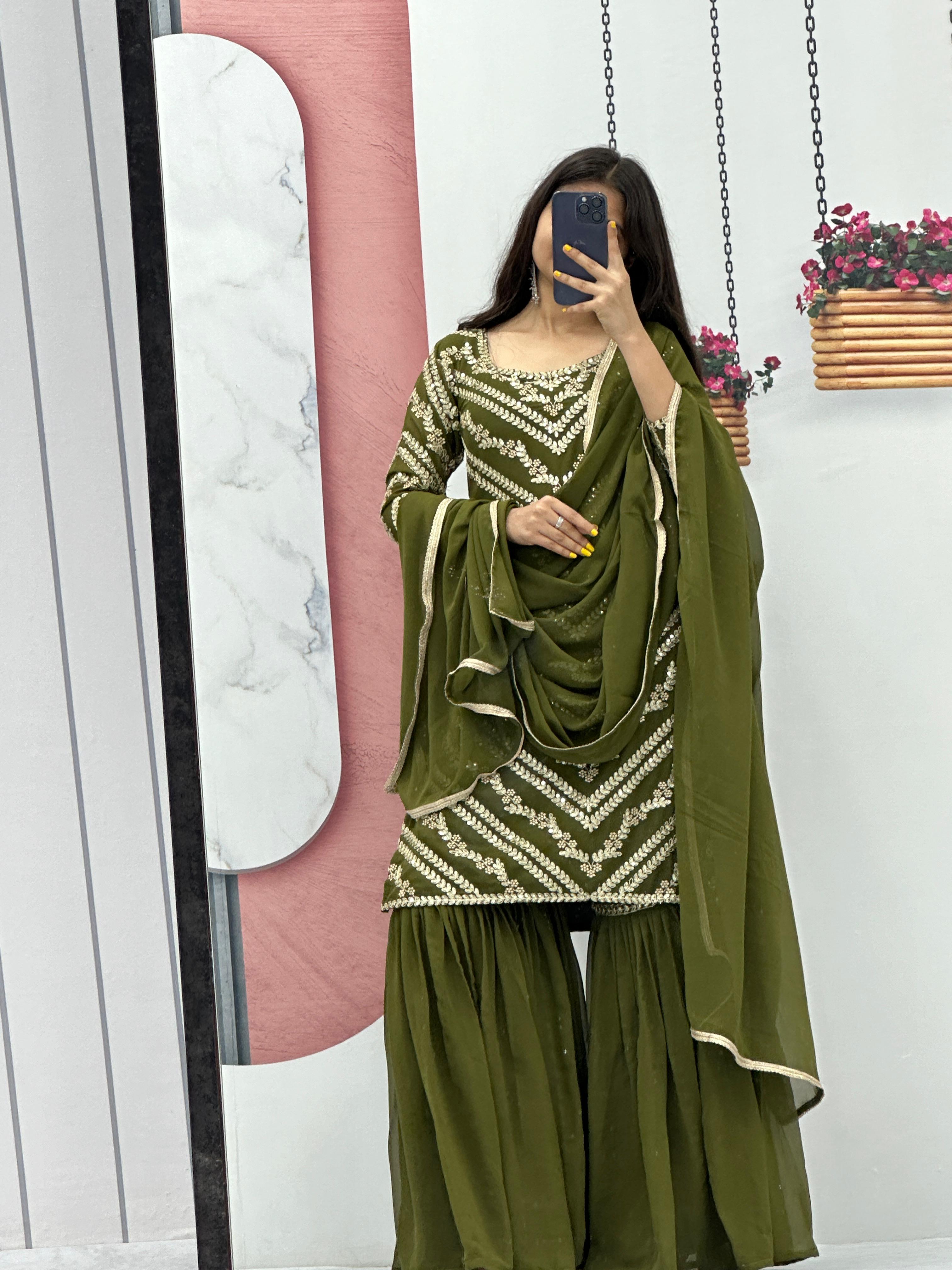 Engagement Wear Green Color Heavy Embroidery Sequence Work Sharara Suit