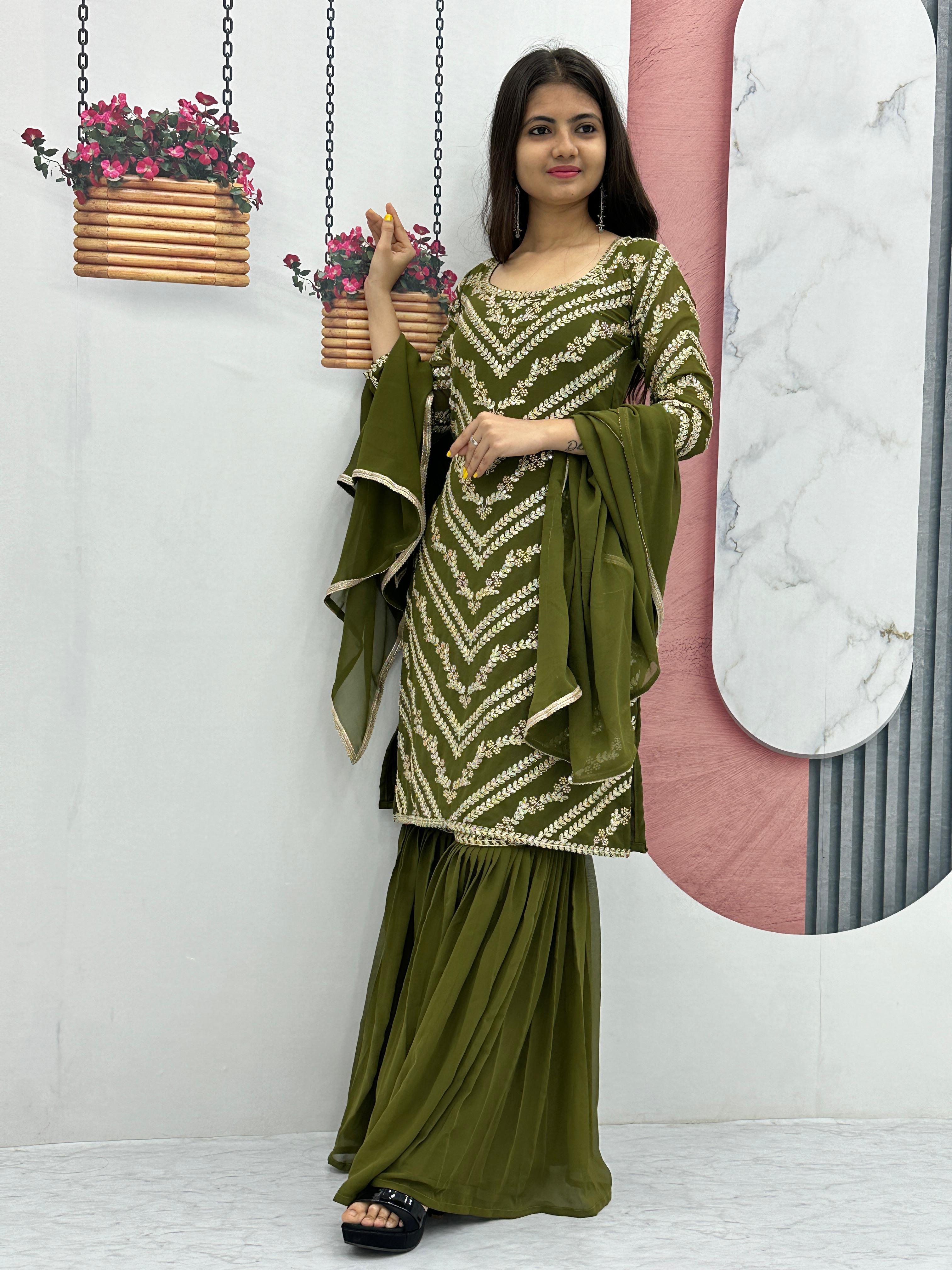 Engagement Wear Green Color Heavy Embroidery Sequence Work Sharara Suit