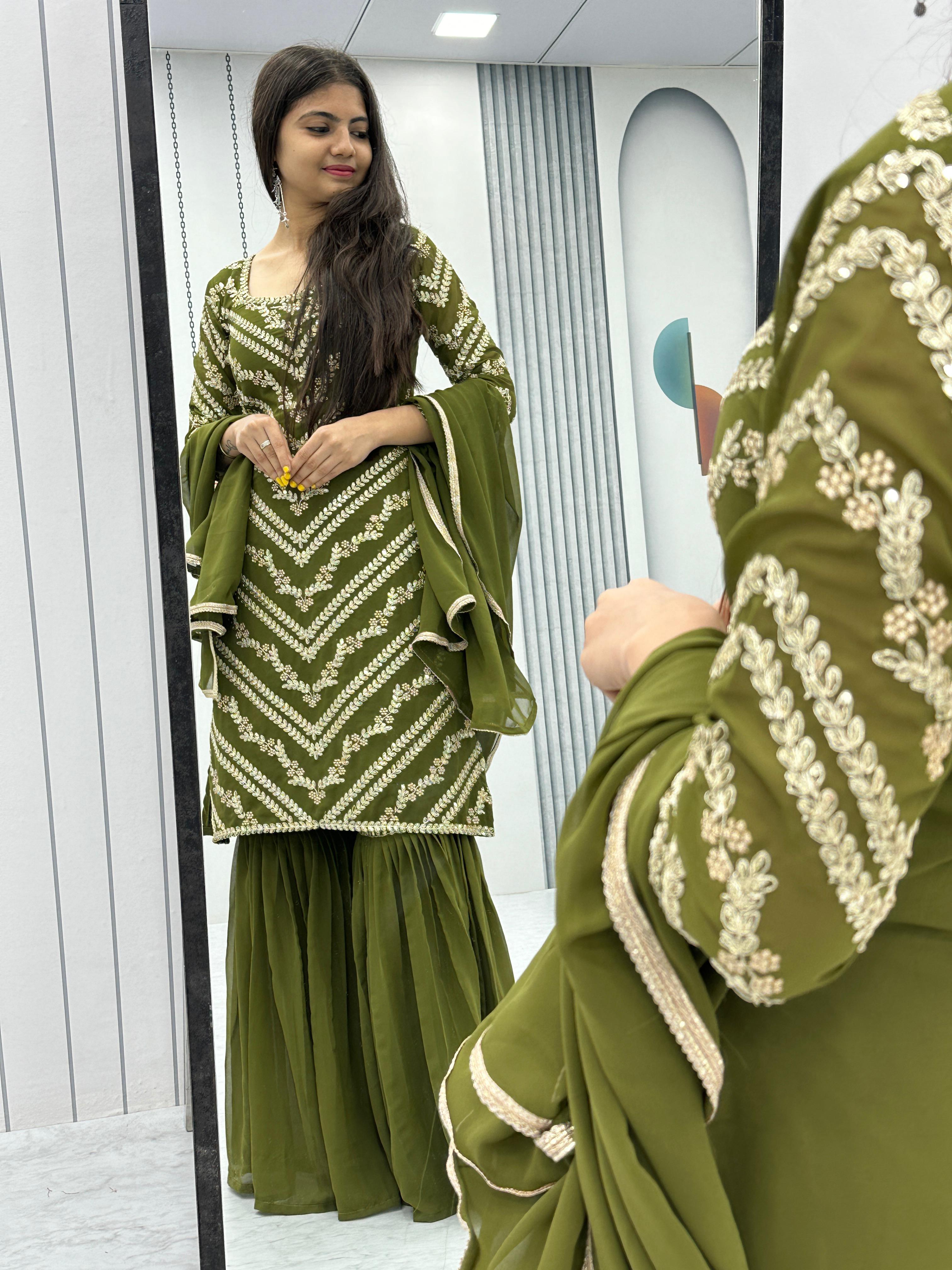 Engagement Wear Green Color Heavy Embroidery Sequence Work Sharara Suit