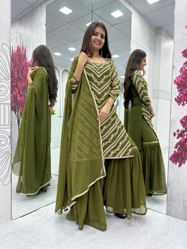 Engagement Wear Green Color Heavy Embroidery Sequence Work Sharara Suit