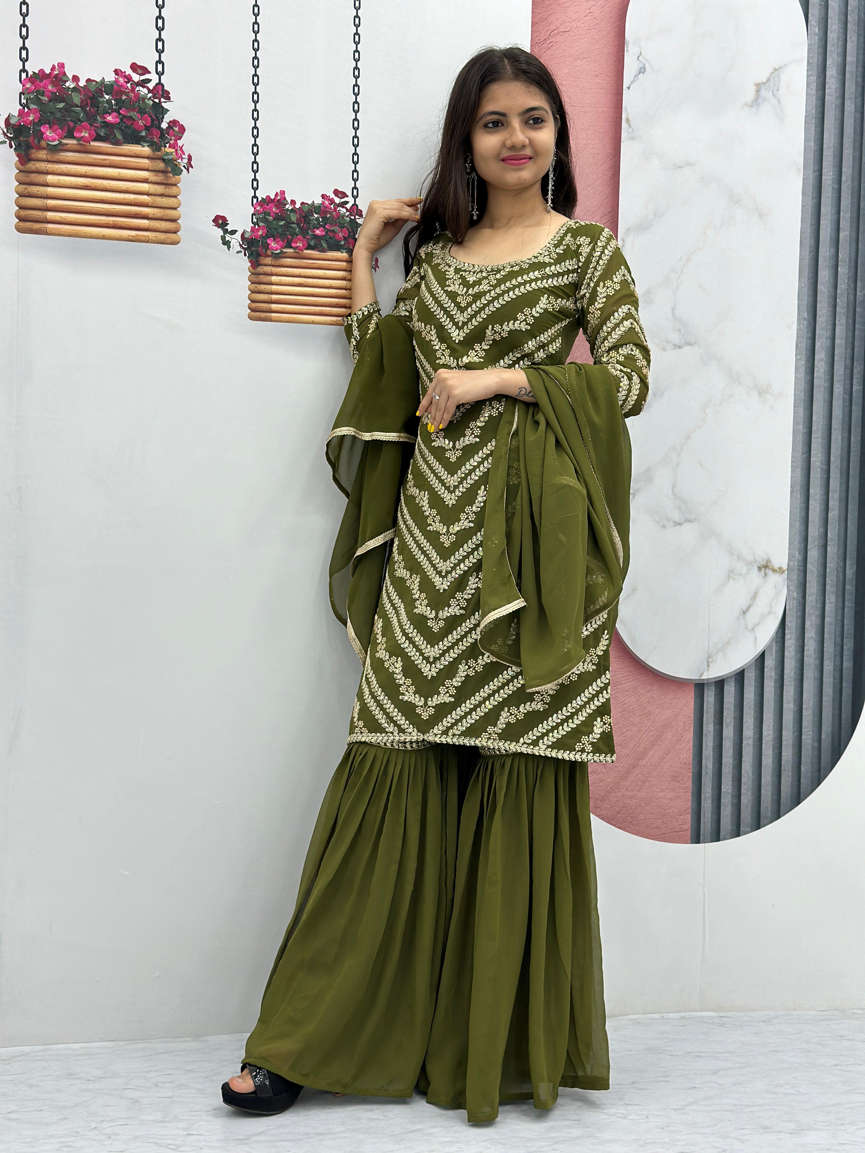 Engagement Wear Green Color Heavy Embroidery Sequence Work Sharara Suit