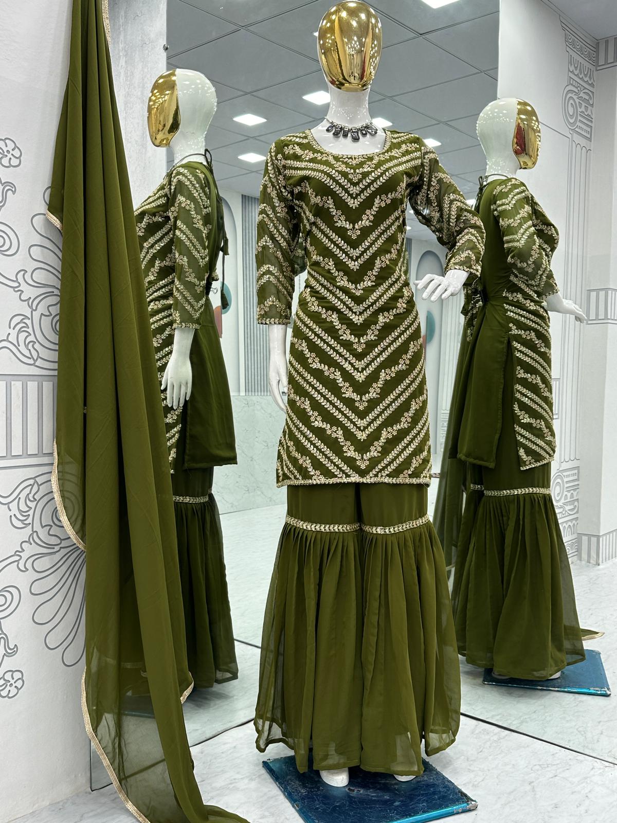 Engagement Wear Green Color Heavy Embroidery Sequence Work Sharara Suit