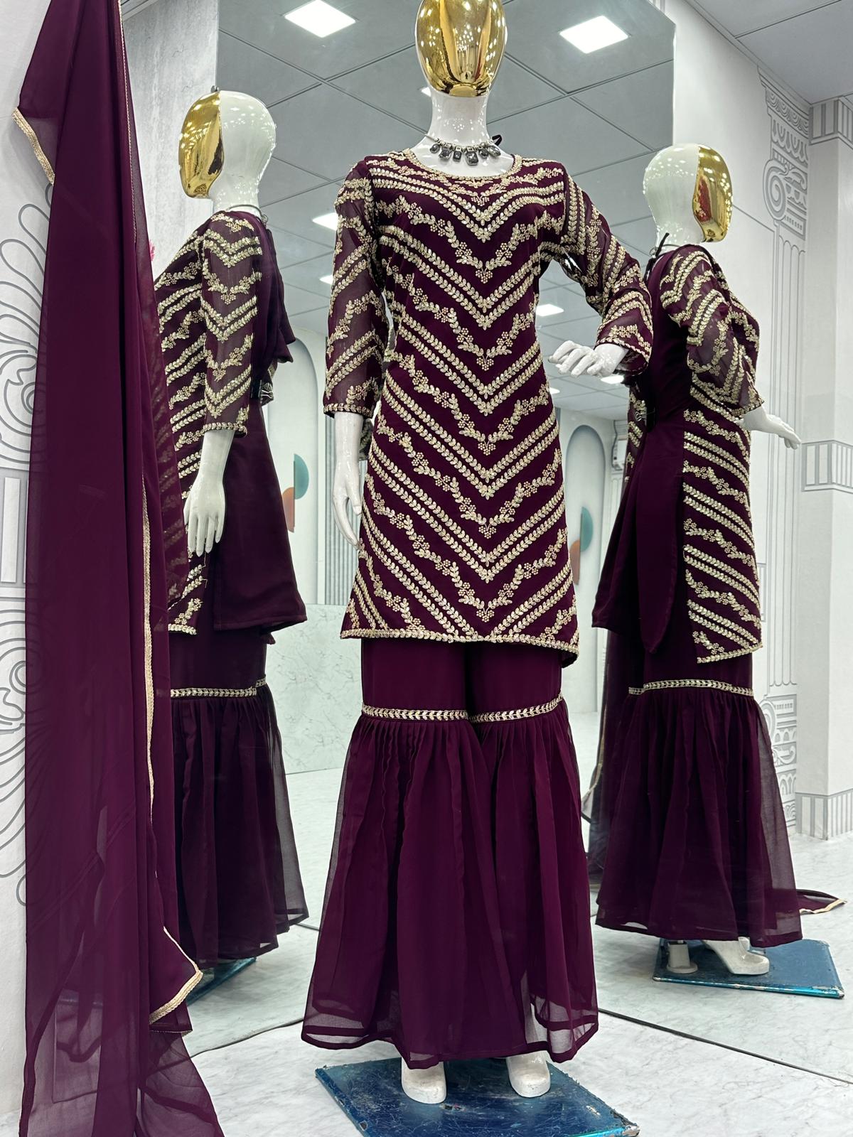 Engagement Wear Wine Color Heavy Embroidery Sequence Work Sharara Suit