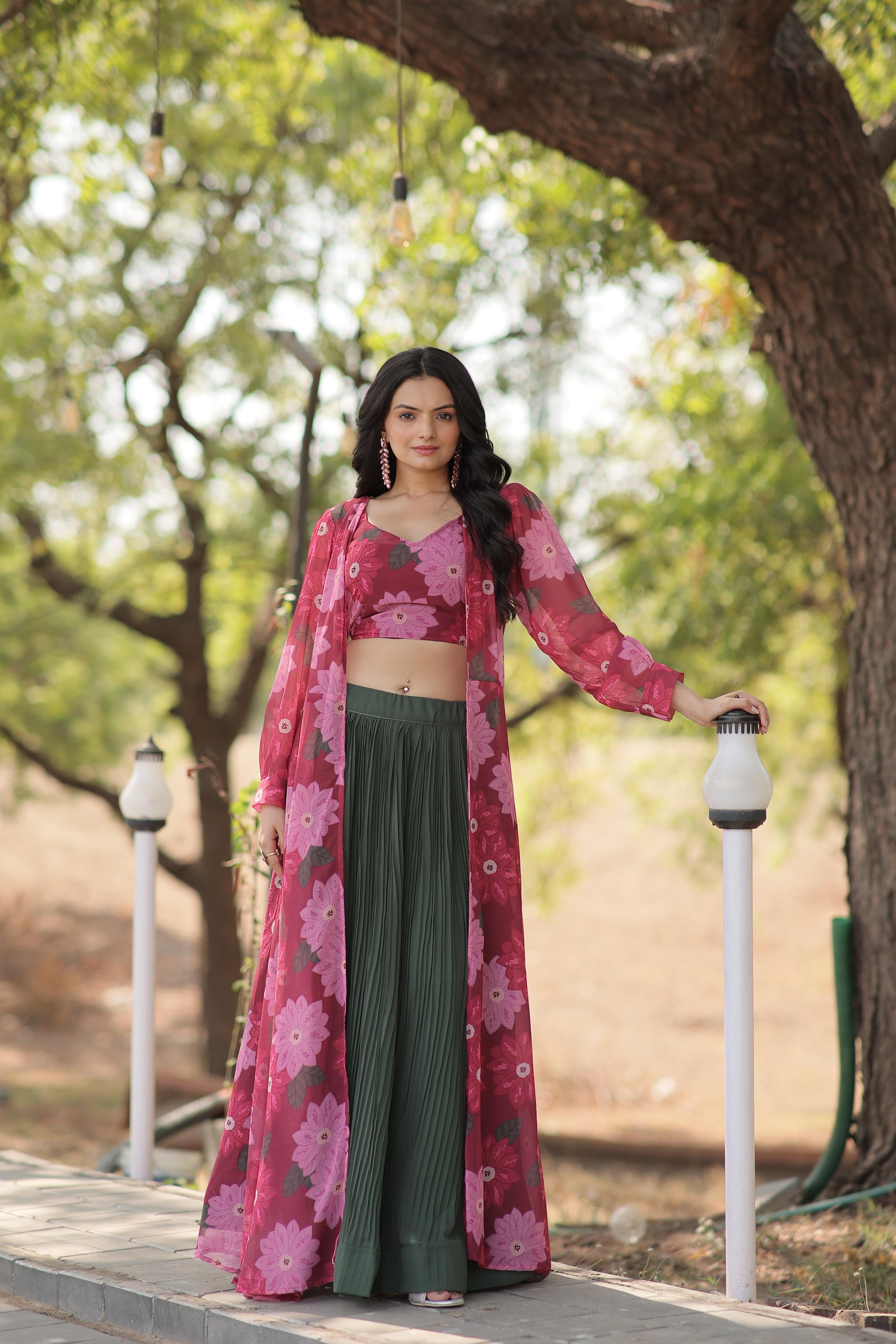 Party Wear Green Color Lehenga With Pink Flower Print Blouse and Shrug