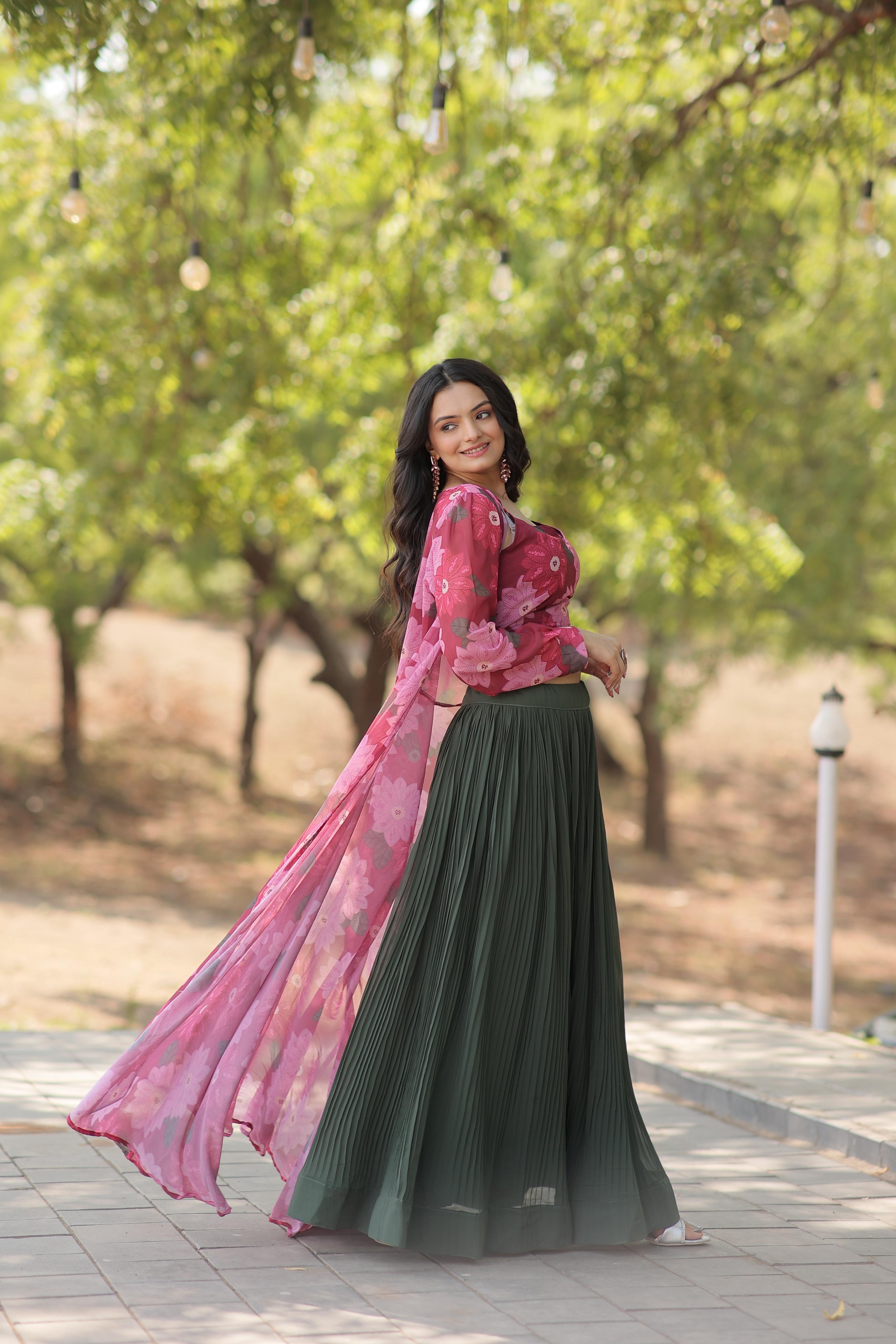 Party Wear Green Color Lehenga With Pink Flower Print Blouse and Shrug