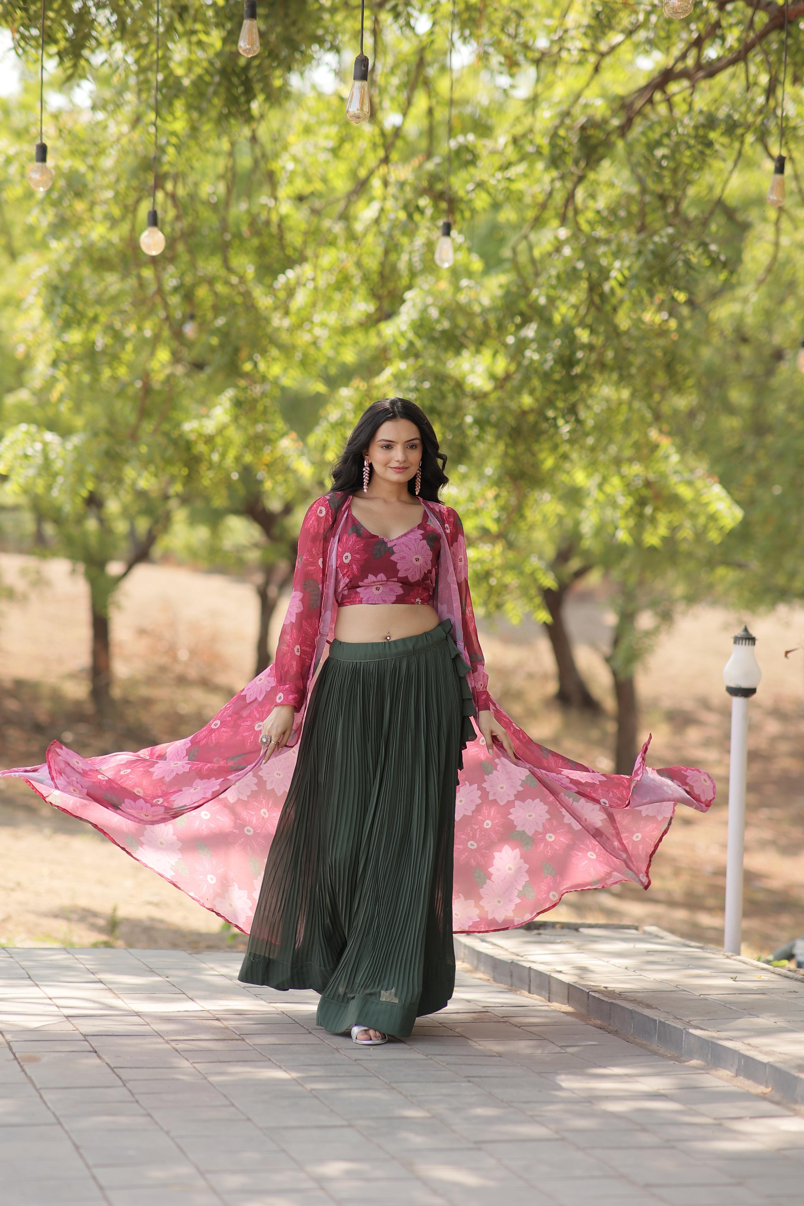 Party Wear Green Color Lehenga With Pink Flower Print Blouse and Shrug