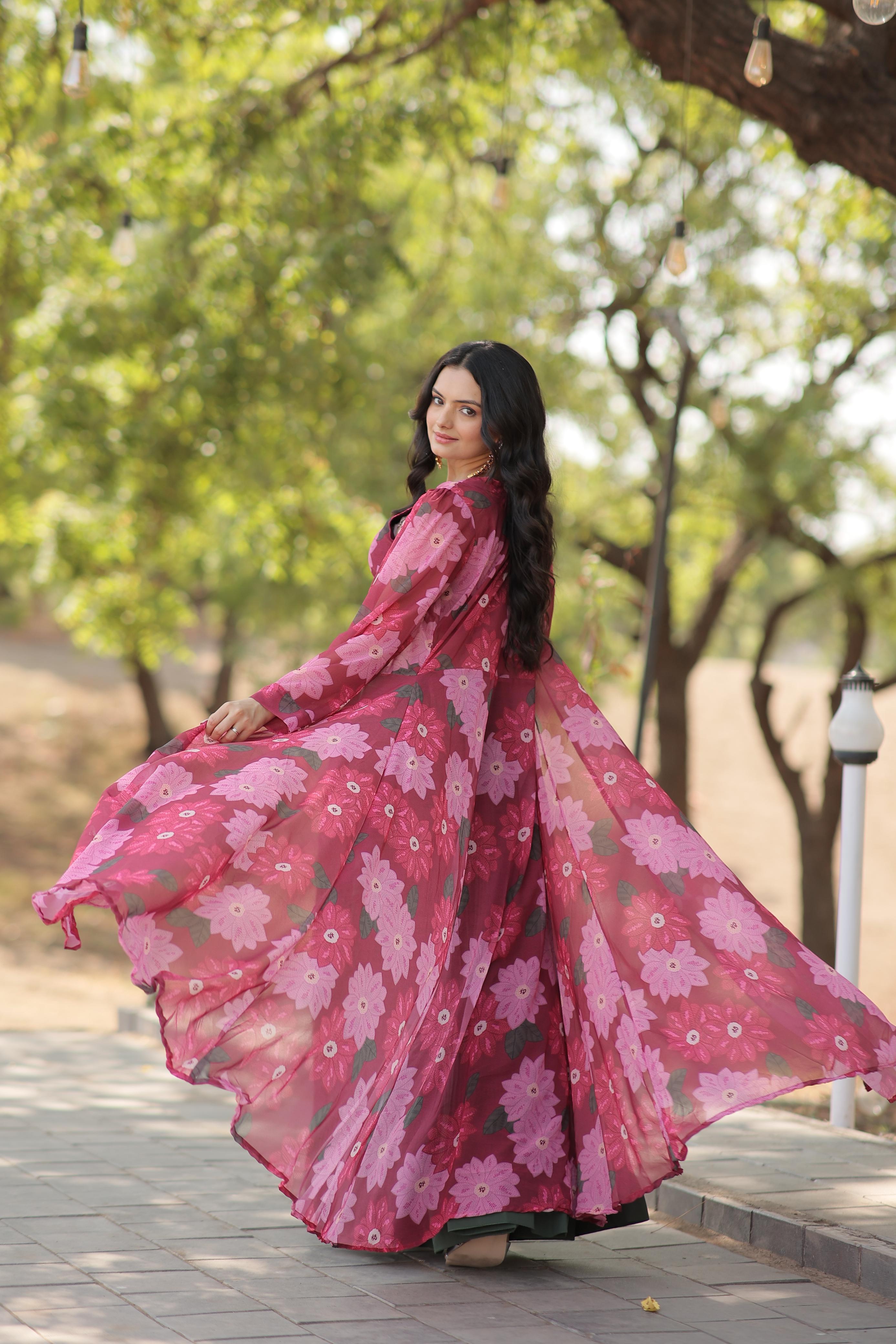 Party Wear Green Color Lehenga With Pink Flower Print Blouse and Shrug