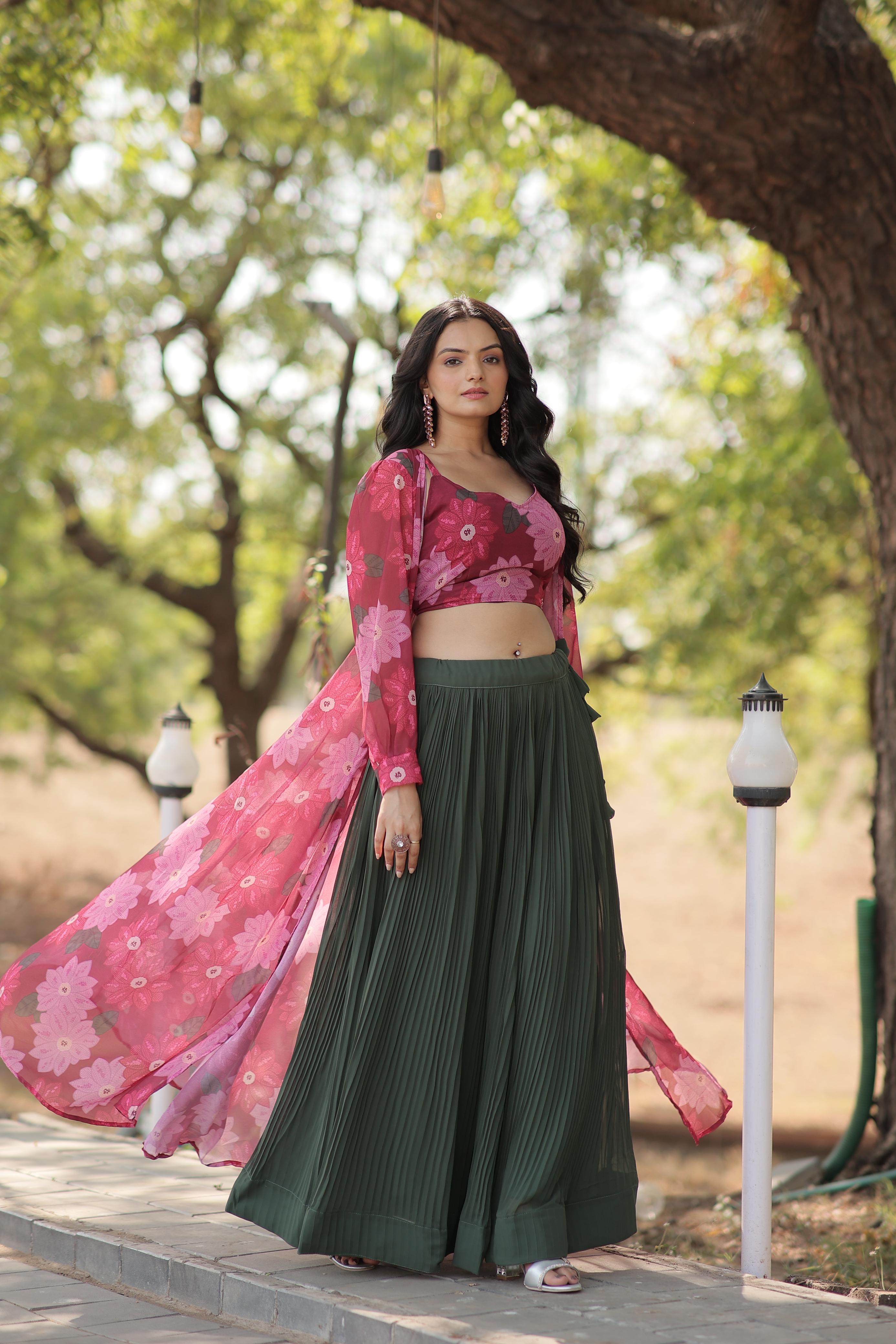 Party Wear Green Color Lehenga With Pink Flower Print Blouse and Shrug