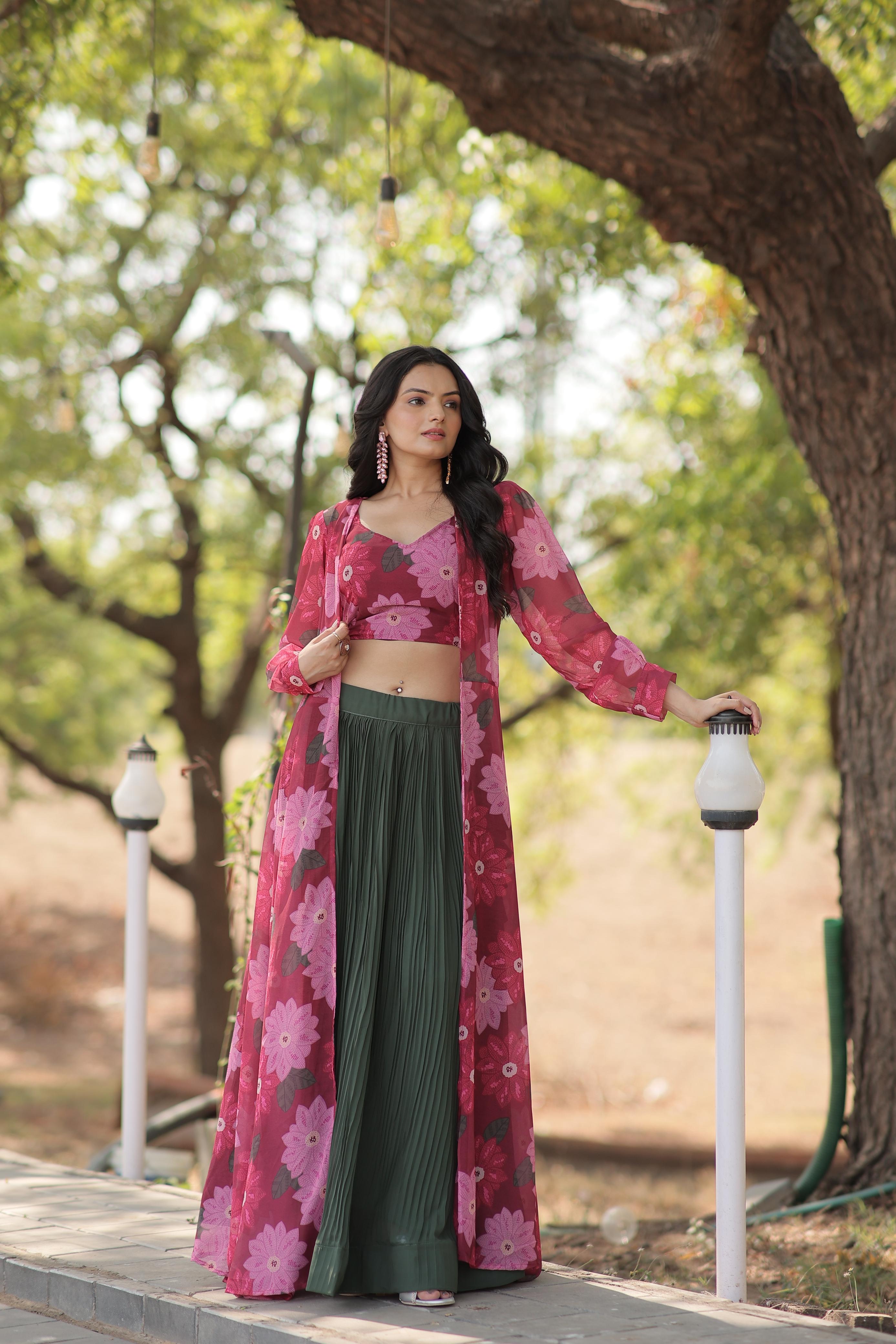 Party Wear Green Color Lehenga With Pink Flower Print Blouse and Shrug