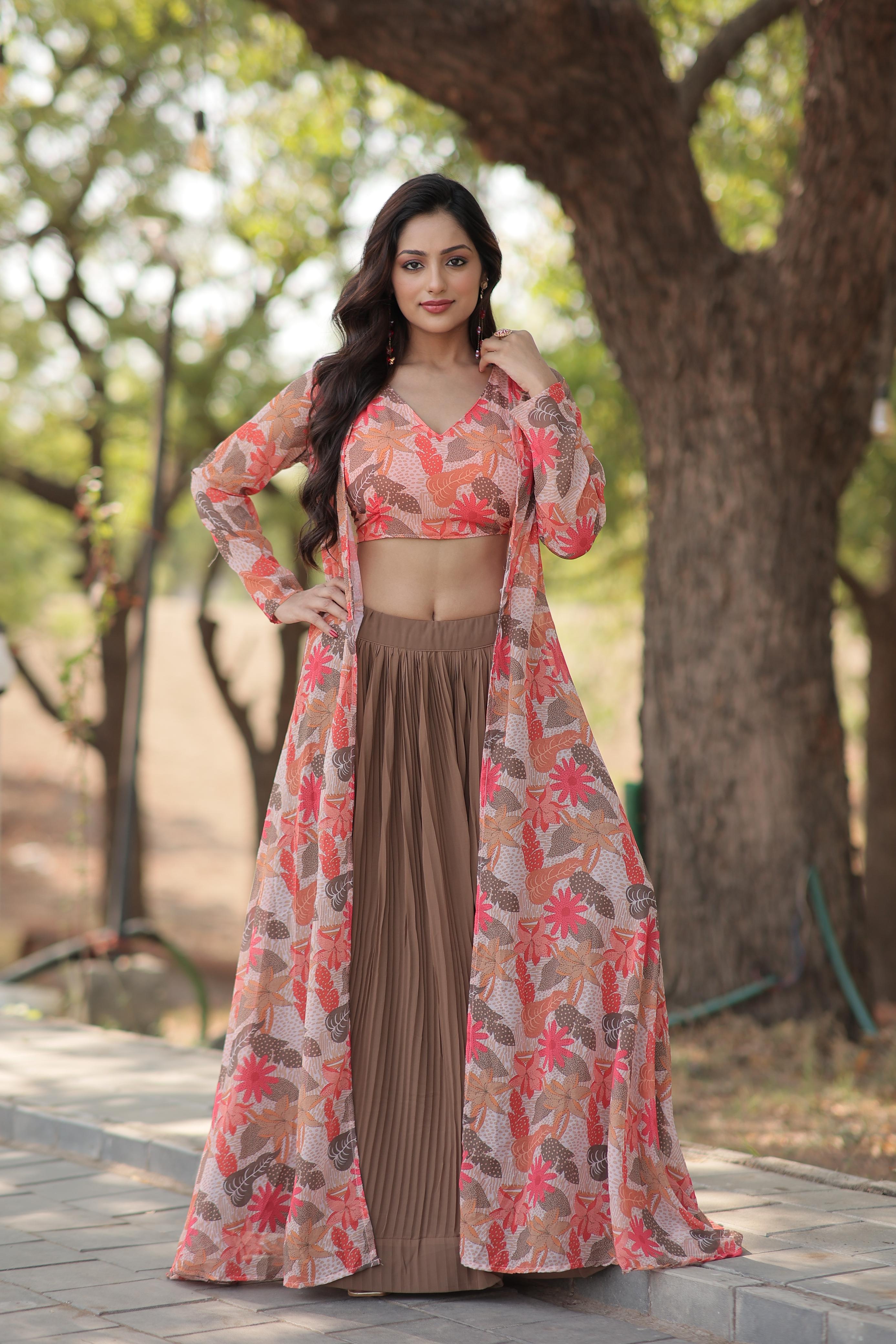 Reception Wear Beige Lehenga With Peach Flower Print Blouse and Shrug