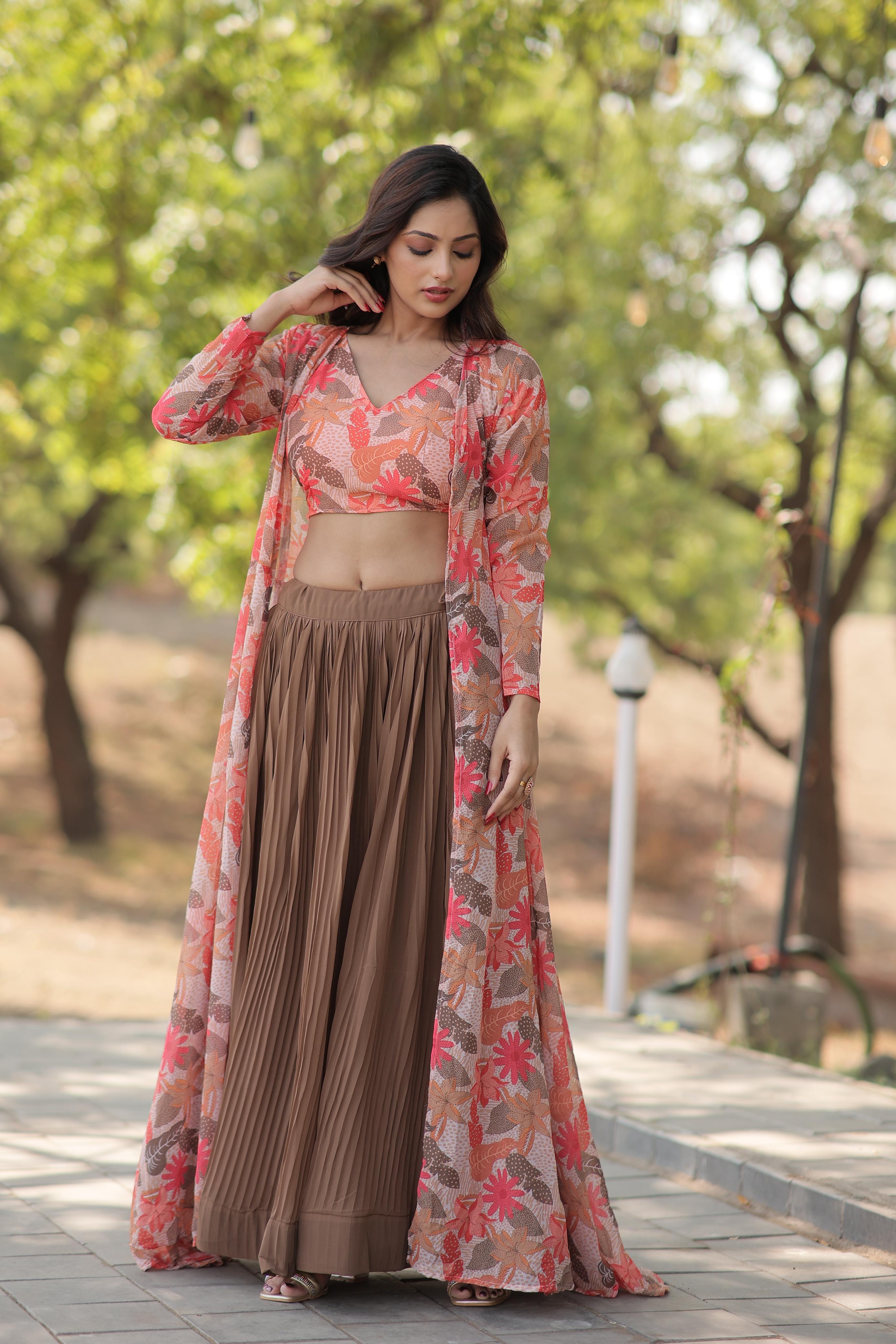 Reception Wear Beige Lehenga With Peach Flower Print Blouse and Shrug